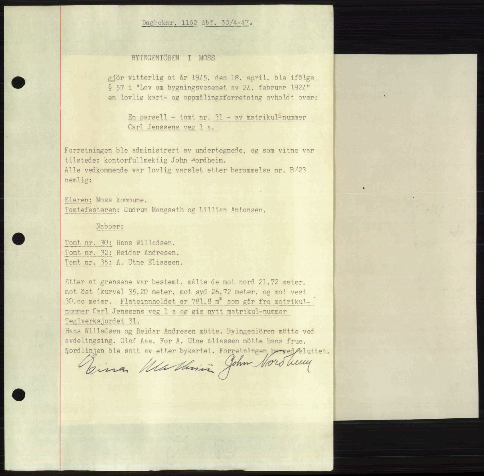 Moss sorenskriveri, SAO/A-10168: Pantebok nr. A17, 1947-1947, Dagboknr: 1162/1947
