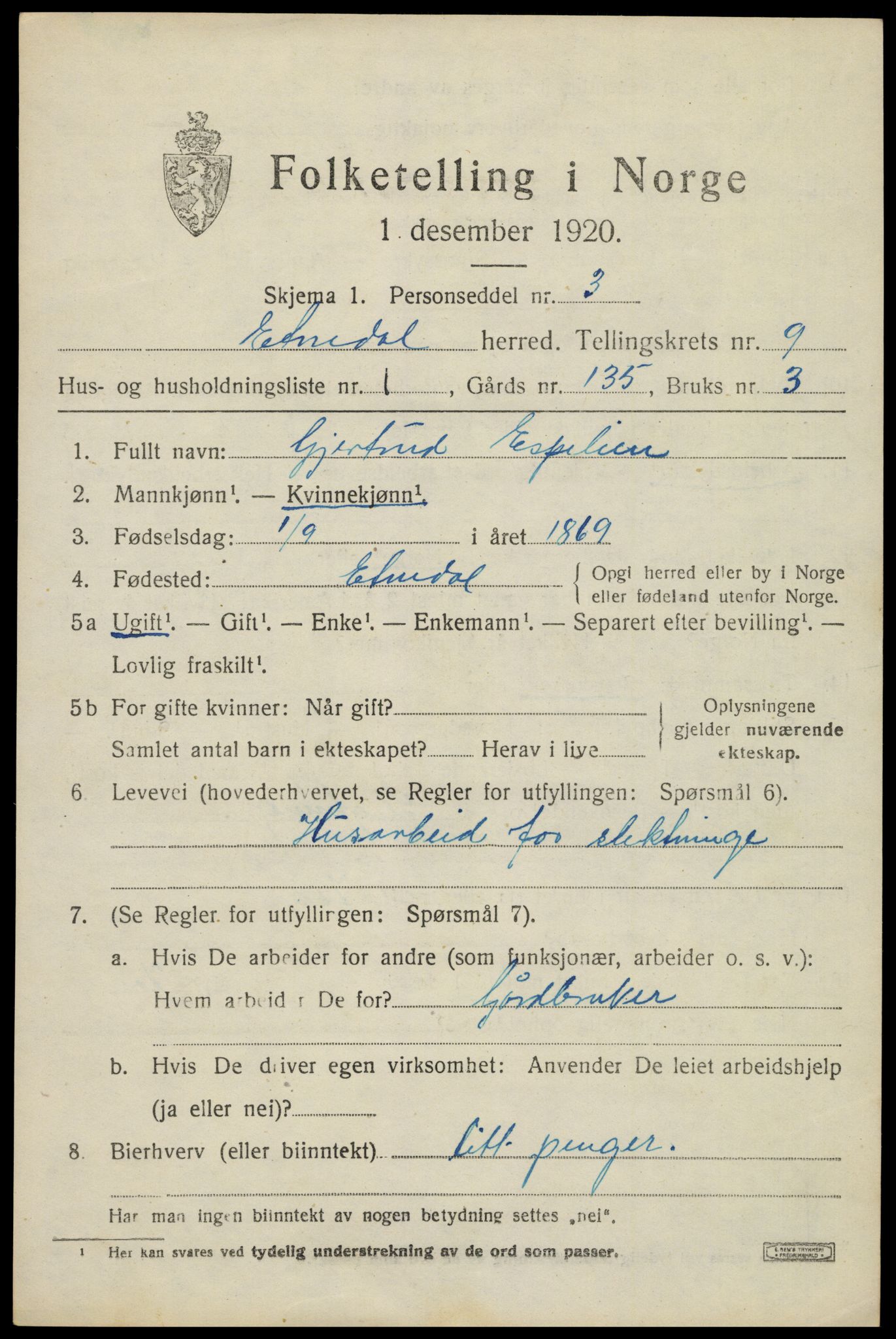 SAH, Folketelling 1920 for 0541 Etnedal herred, 1920, s. 3958