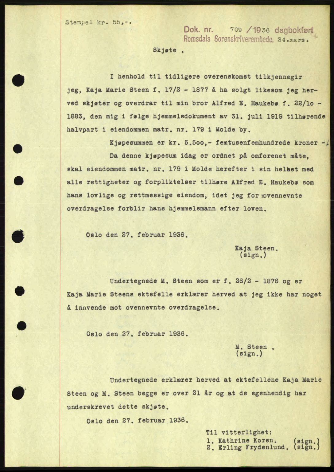 Romsdal sorenskriveri, SAT/A-4149/1/2/2C: Pantebok nr. A1, 1936-1936, Dagboknr: 709/1936