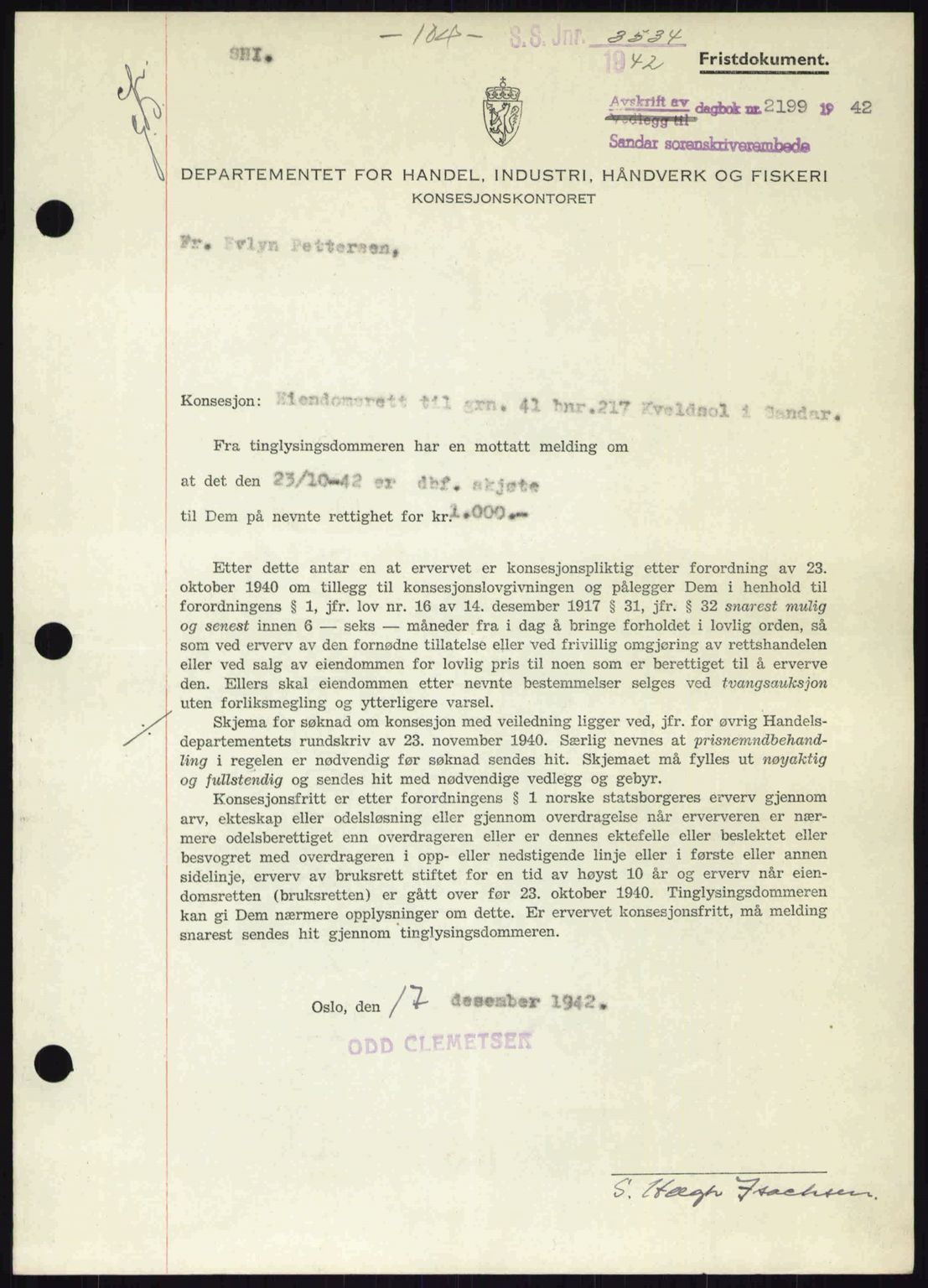 Sandar sorenskriveri, SAKO/A-86/G/Ga/Gab/L0001: Pantebok nr. B-1 og B-3 - B-9, 1936-1944, Dagboknr: 2199/1942
