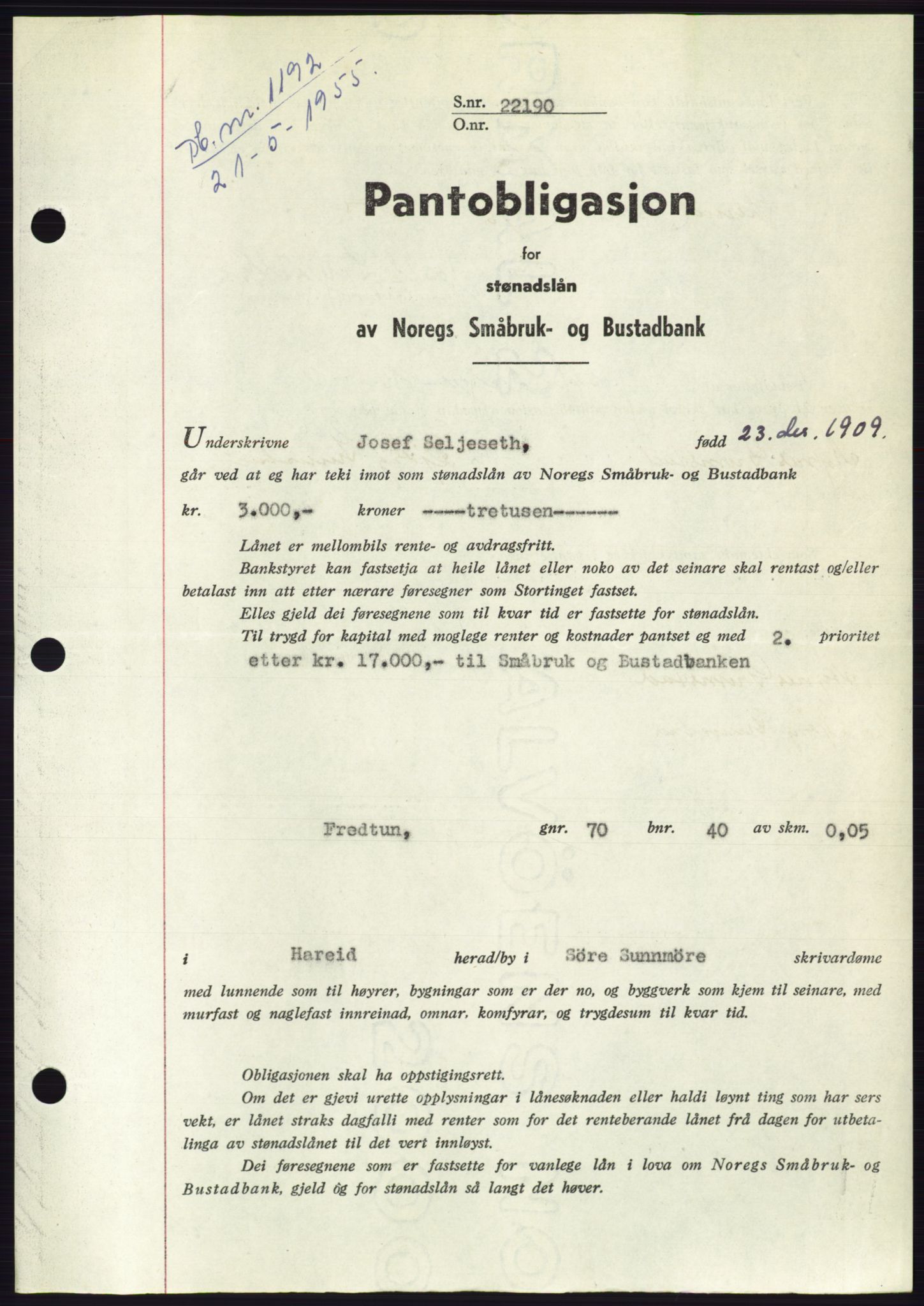 Søre Sunnmøre sorenskriveri, AV/SAT-A-4122/1/2/2C/L0126: Pantebok nr. 14B, 1954-1955, Dagboknr: 1192/1955