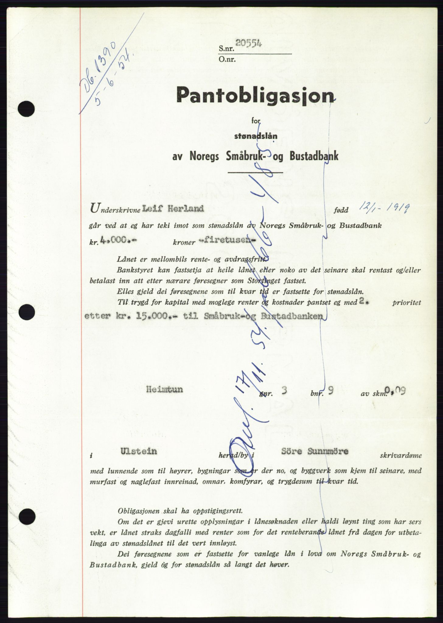 Søre Sunnmøre sorenskriveri, SAT/A-4122/1/2/2C/L0125: Pantebok nr. 13B, 1954-1954, Dagboknr: 1390/1954
