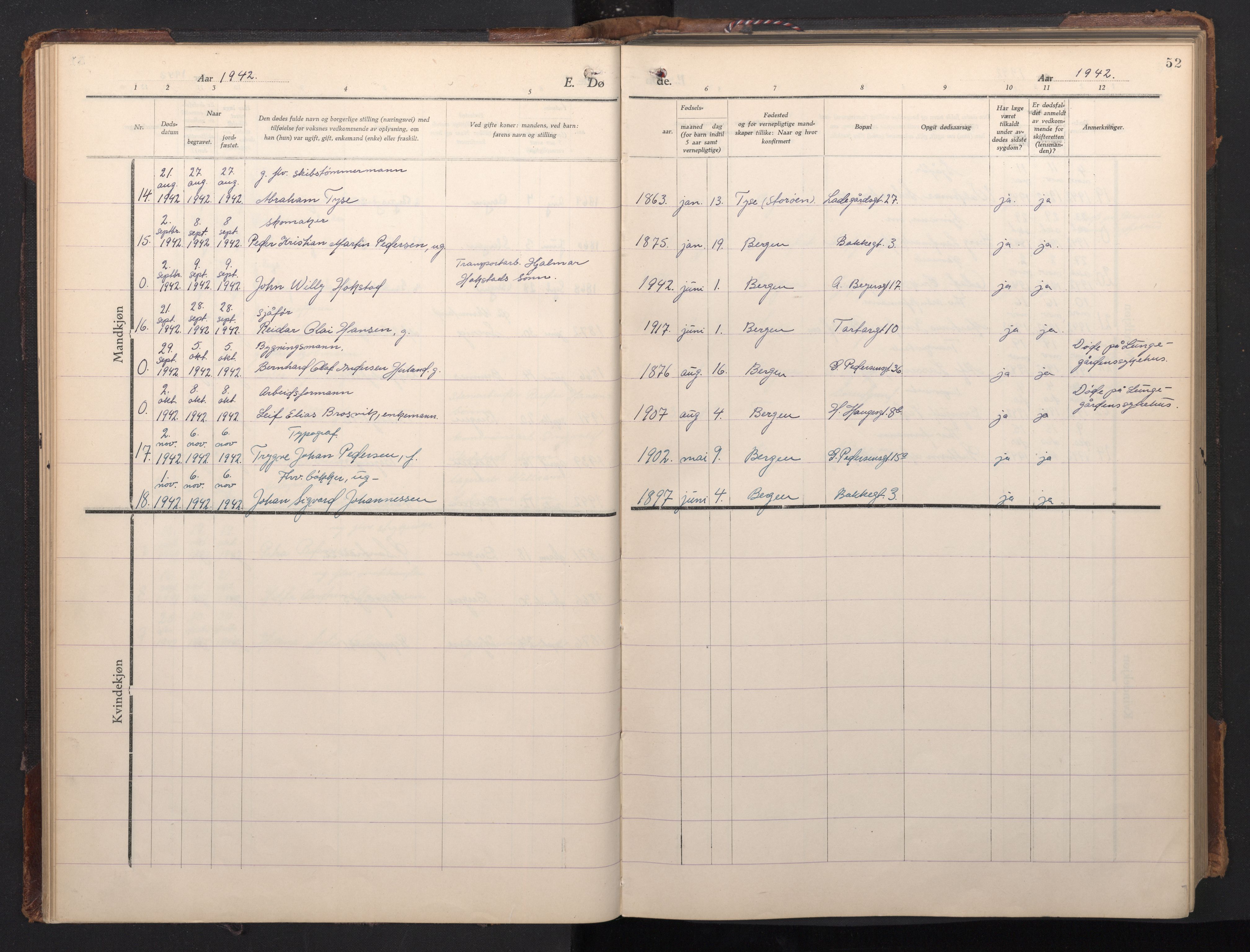 St. Olavs Sokneprestembete, AV/SAB-A-78101/H/Hab: Klokkerbok nr. D 1, 1928-1980, s. 52