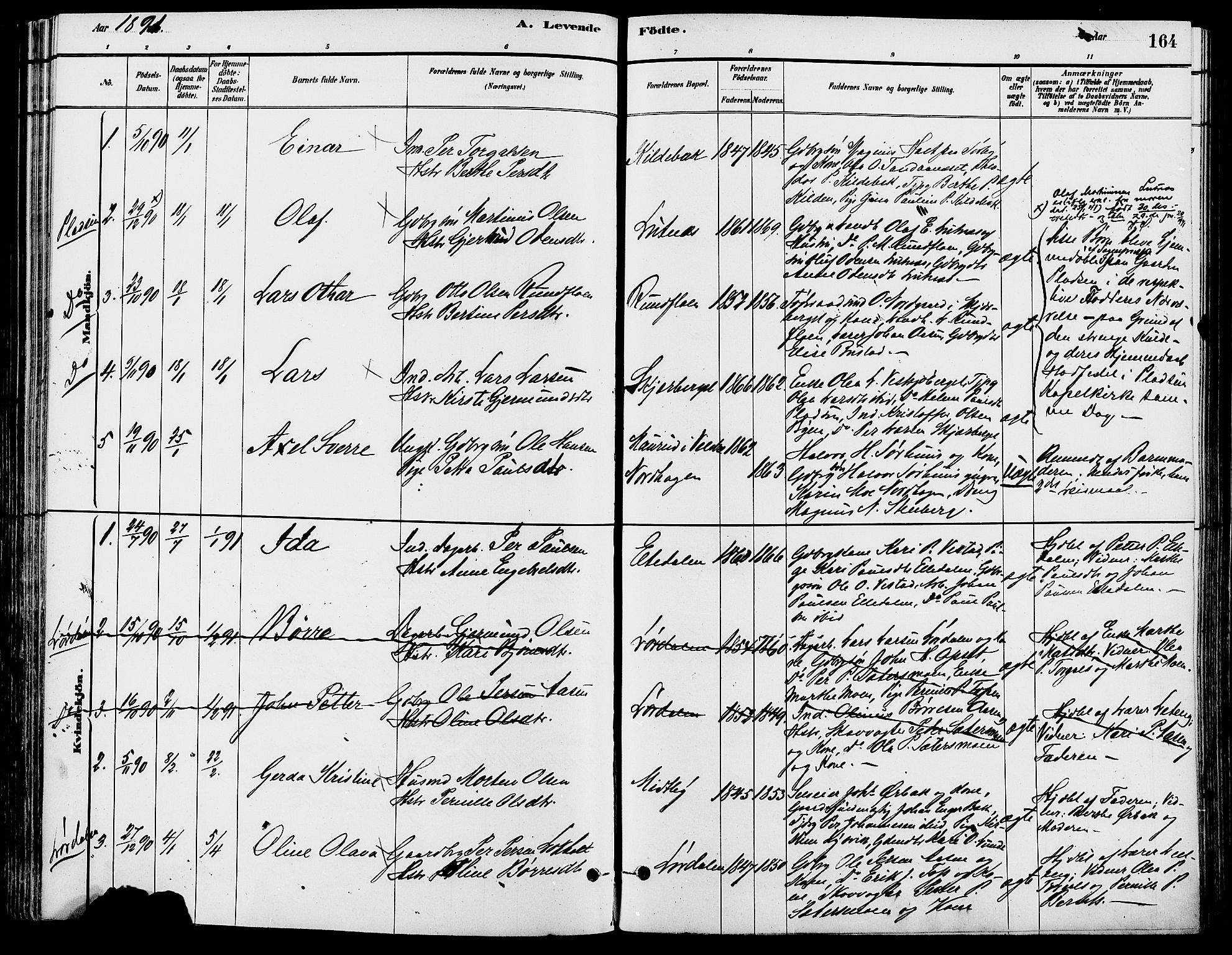 Trysil prestekontor, SAH/PREST-046/H/Ha/Haa/L0008: Ministerialbok nr. 8, 1881-1897, s. 164