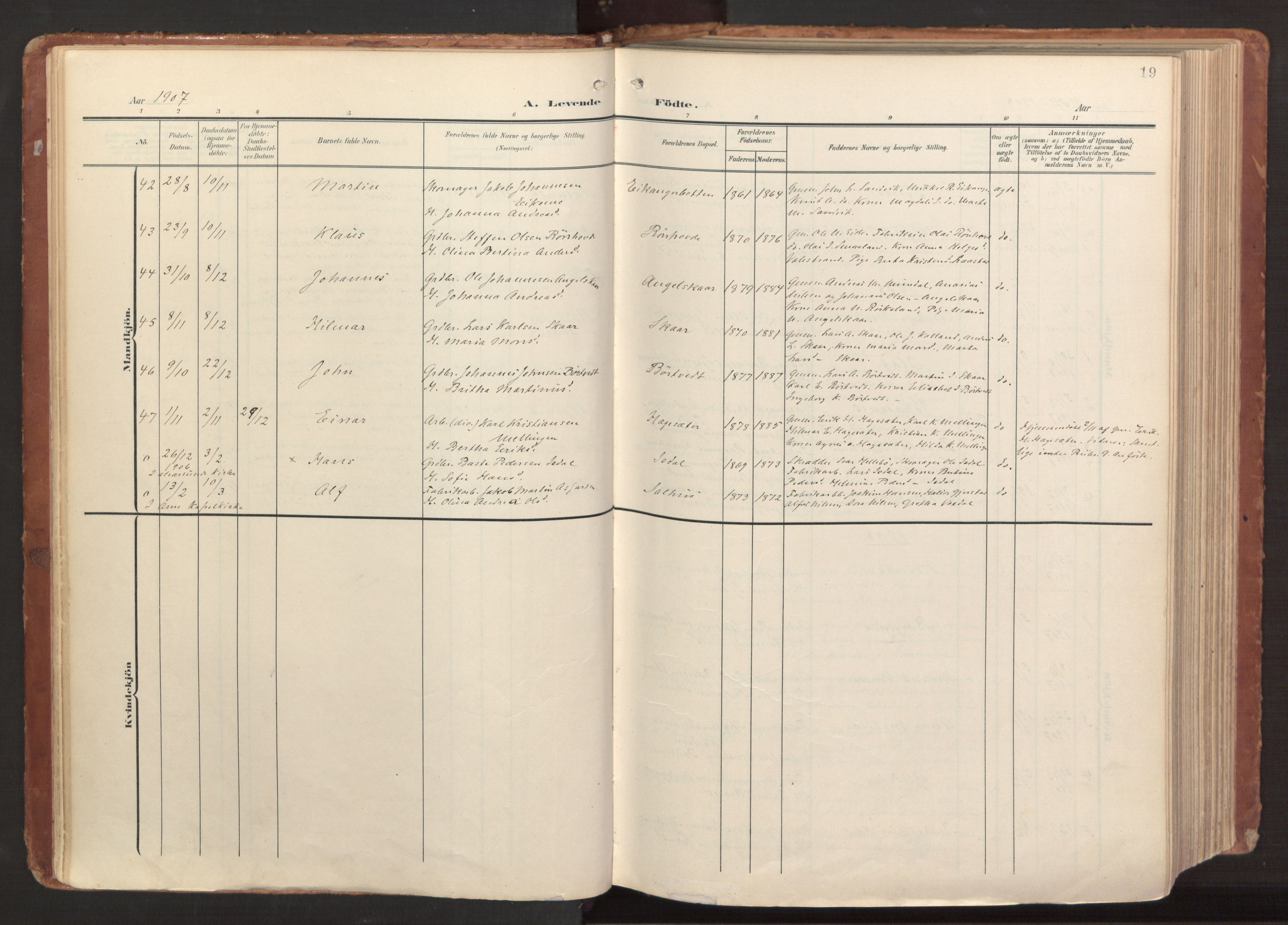 Hamre sokneprestembete, AV/SAB-A-75501/H/Ha/Haa/Haab/L0002: Ministerialbok nr. B 2, 1905-1924, s. 19