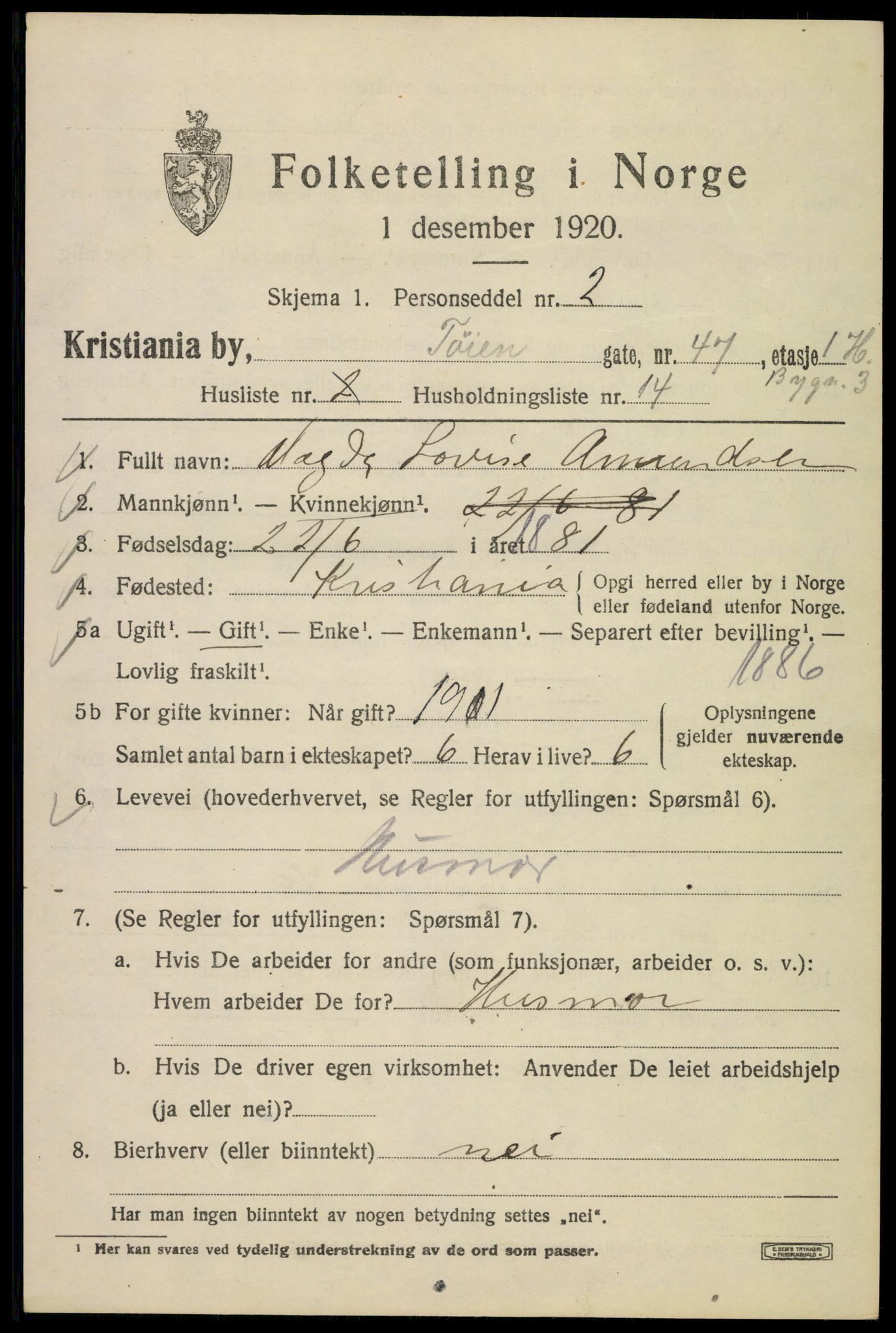 SAO, Folketelling 1920 for 0301 Kristiania kjøpstad, 1920, s. 610397