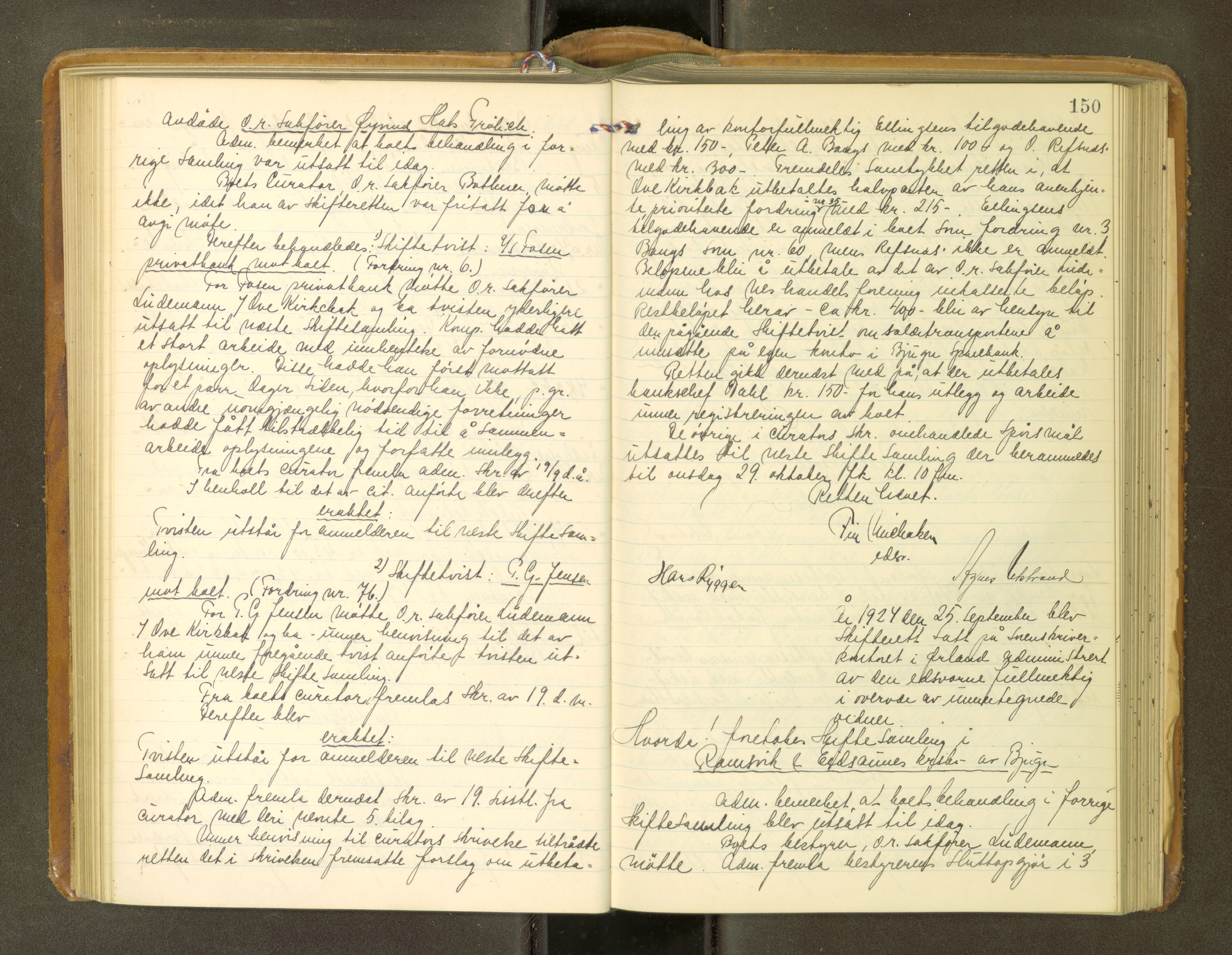 Fosen sorenskriveri, AV/SAT-A-1107/1/3/3B/L0013: Skiftebehandlingsprotokoll, 1923-1927, s. 150
