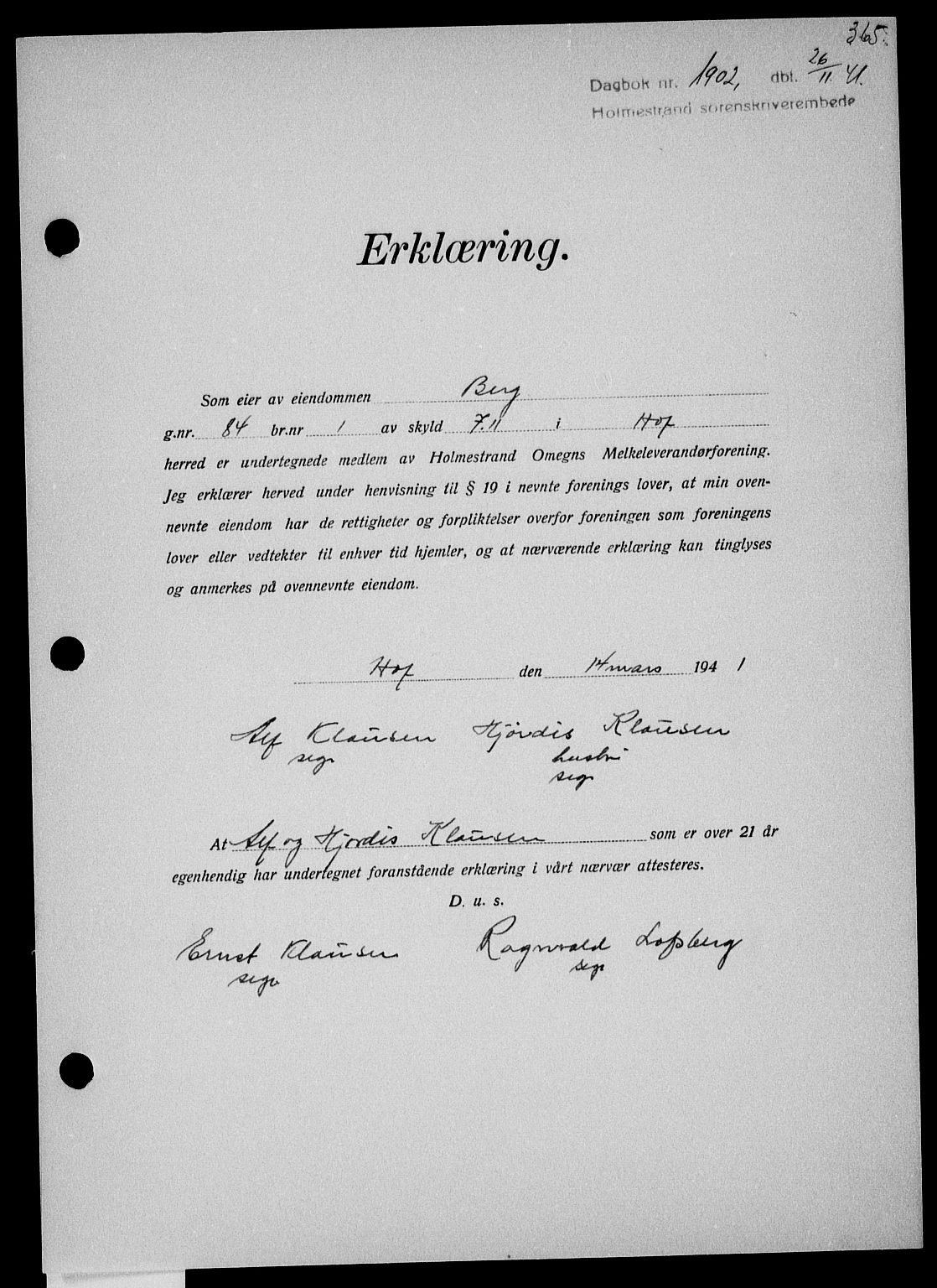 Holmestrand sorenskriveri, SAKO/A-67/G/Ga/Gaa/L0054: Pantebok nr. A-54, 1941-1942, Dagboknr: 1902/1941