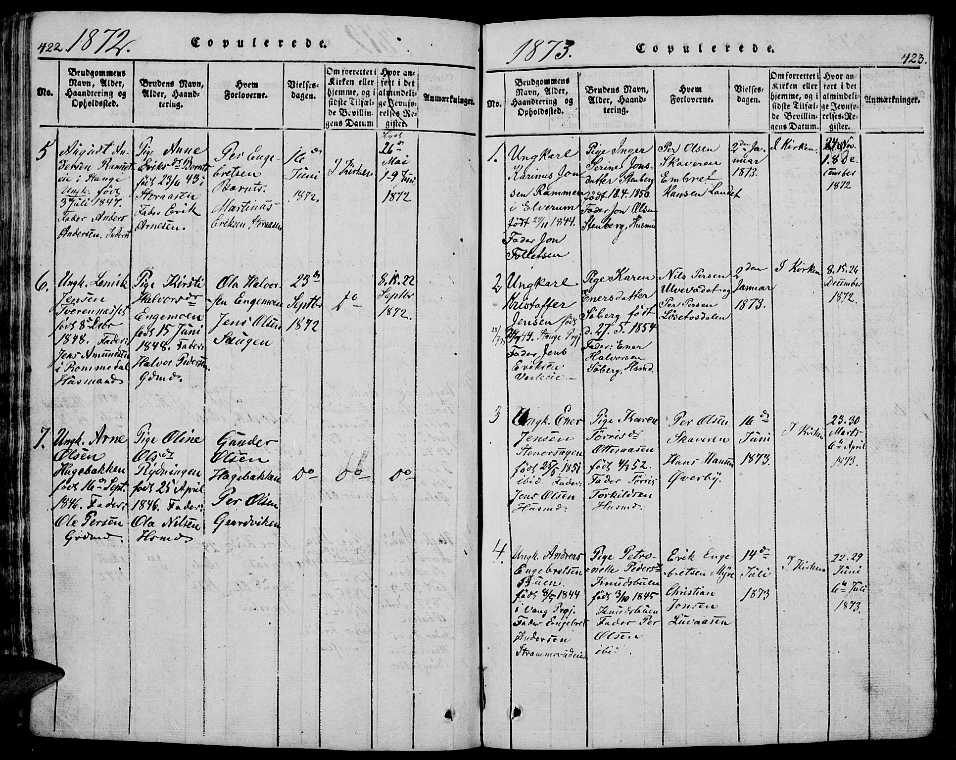 Trysil prestekontor, SAH/PREST-046/H/Ha/Hab/L0005: Klokkerbok nr. 5, 1814-1877, s. 422-423