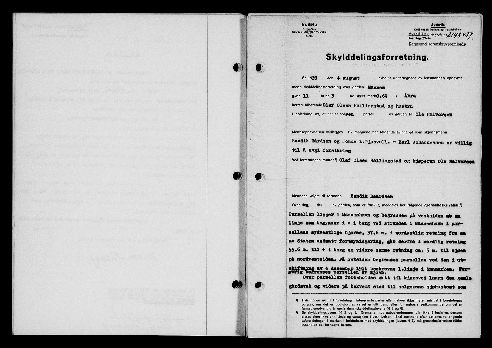 Karmsund sorenskriveri, SAST/A-100311/01/II/IIB/L0072: Pantebok nr. 53A, 1939-1940, Dagboknr: 2148/1939
