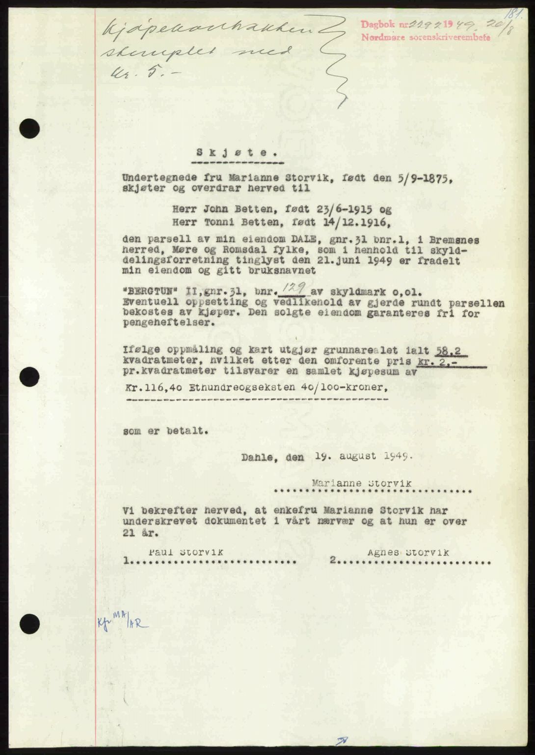 Nordmøre sorenskriveri, SAT/A-4132/1/2/2Ca: Pantebok nr. A112, 1949-1949, Dagboknr: 2292/1949