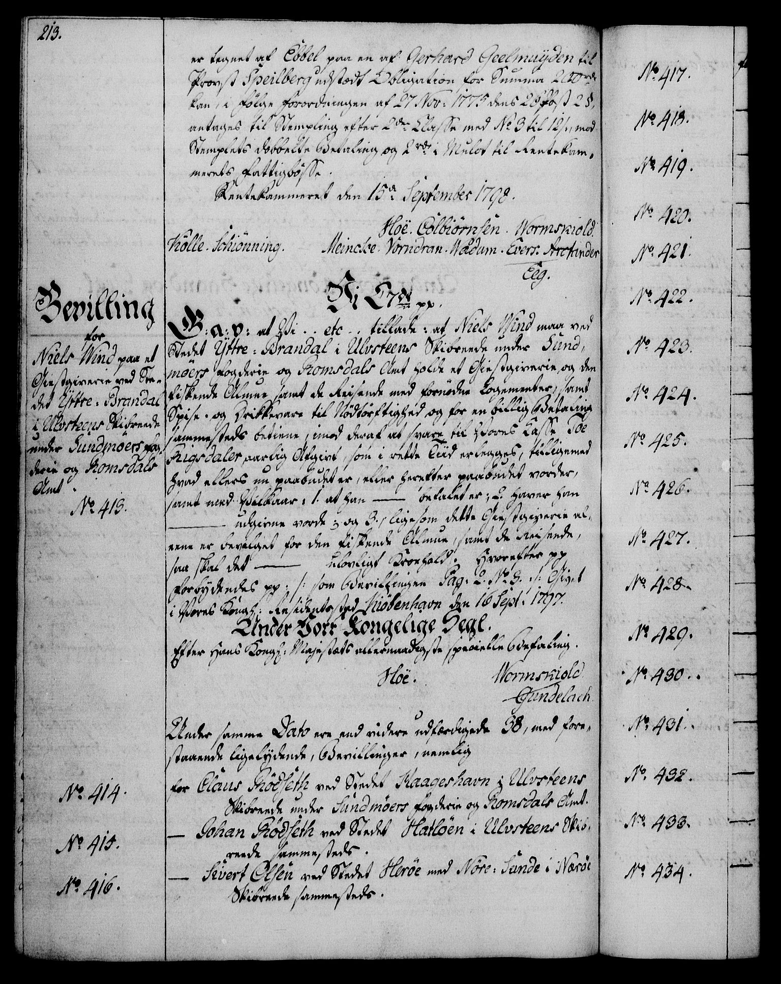 Rentekammeret, Kammerkanselliet, AV/RA-EA-3111/G/Gg/Gga/L0016: Norsk ekspedisjonsprotokoll med register (merket RK 53.16), 1794-1800, s. 213