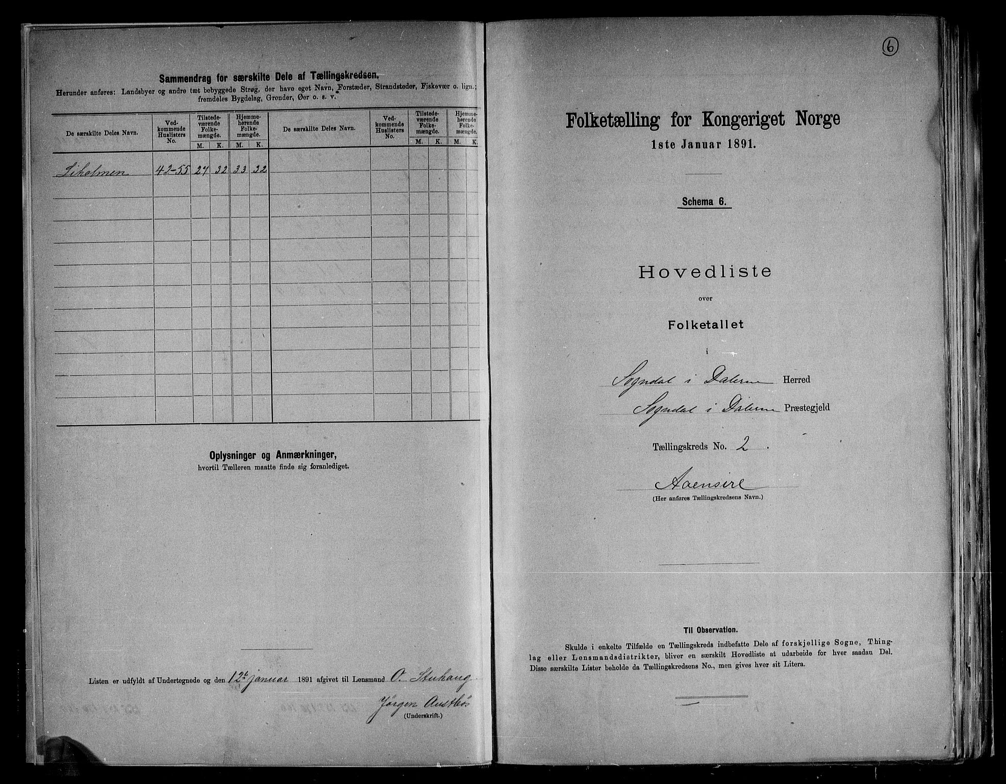 RA, Folketelling 1891 for 1111 Sokndal herred, 1891, s. 6