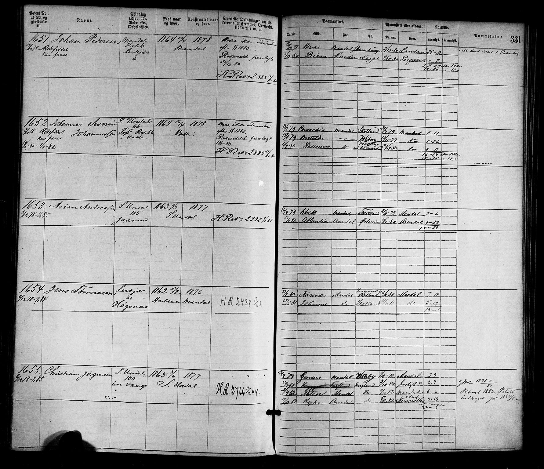 Mandal mønstringskrets, SAK/2031-0016/F/Fa/L0001: Annotasjonsrulle nr 1-1920 med register, L-3, 1869-1881, s. 369