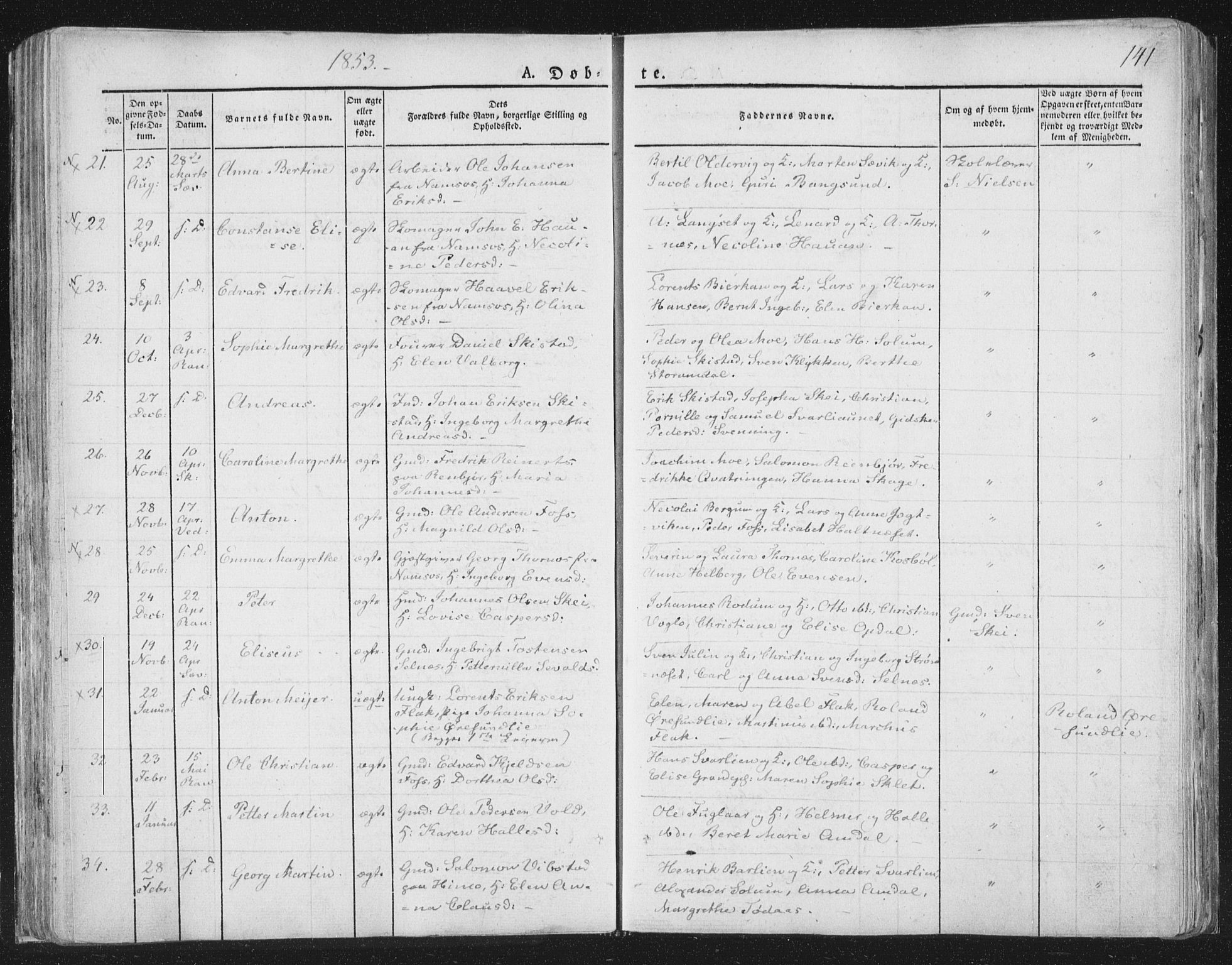 Ministerialprotokoller, klokkerbøker og fødselsregistre - Nord-Trøndelag, SAT/A-1458/764/L0551: Ministerialbok nr. 764A07a, 1824-1864, s. 141