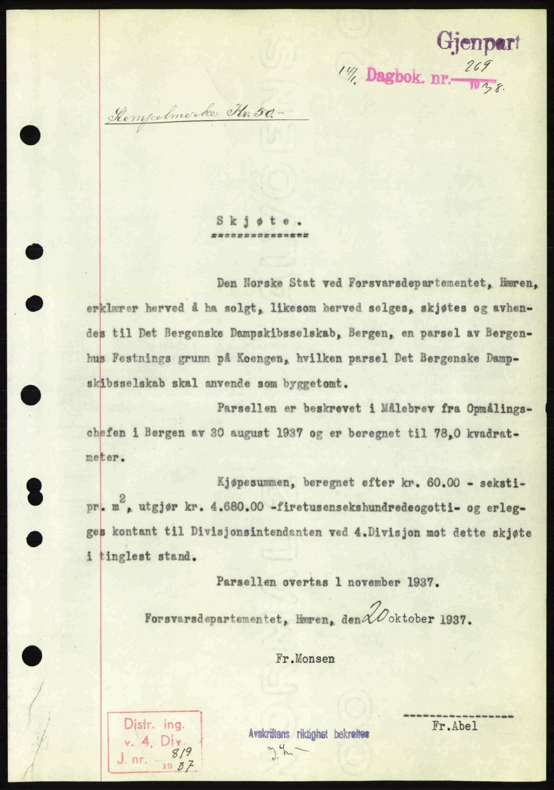 Byfogd og Byskriver i Bergen, SAB/A-3401/03/03Bc/L0006: Pantebok nr. A5, 1937-1938, Dagboknr: 269/1938