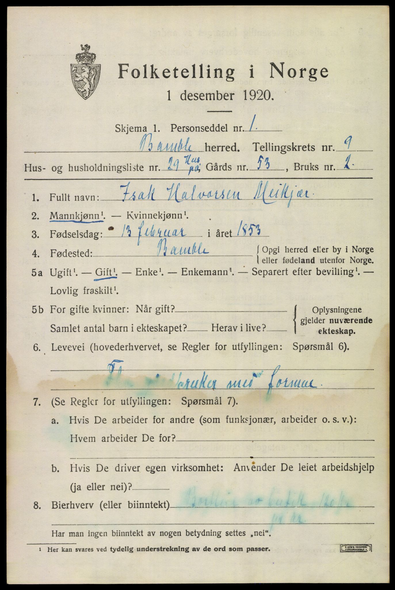 SAKO, Folketelling 1920 for 0814 Bamble herred, 1920, s. 8083