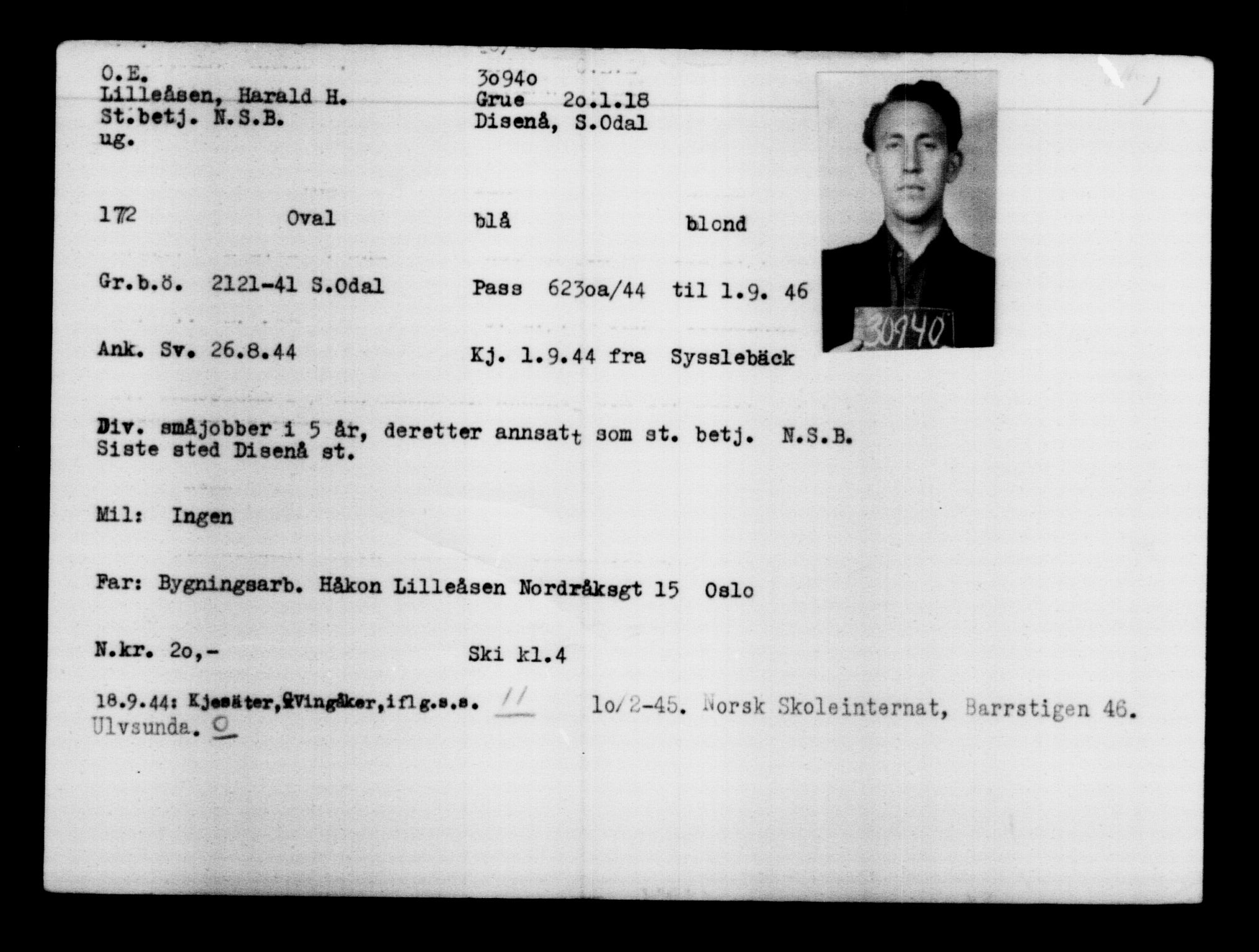 Utenriksstasjonene, Legasjonen i Stockholm, Flyktningkontoret, AV/RA-S-6753/V/Va/L0012: Kjesäterkartoteket, flyktninger med registreringsnr. 28300-31566, 1940-1945, s. 2867