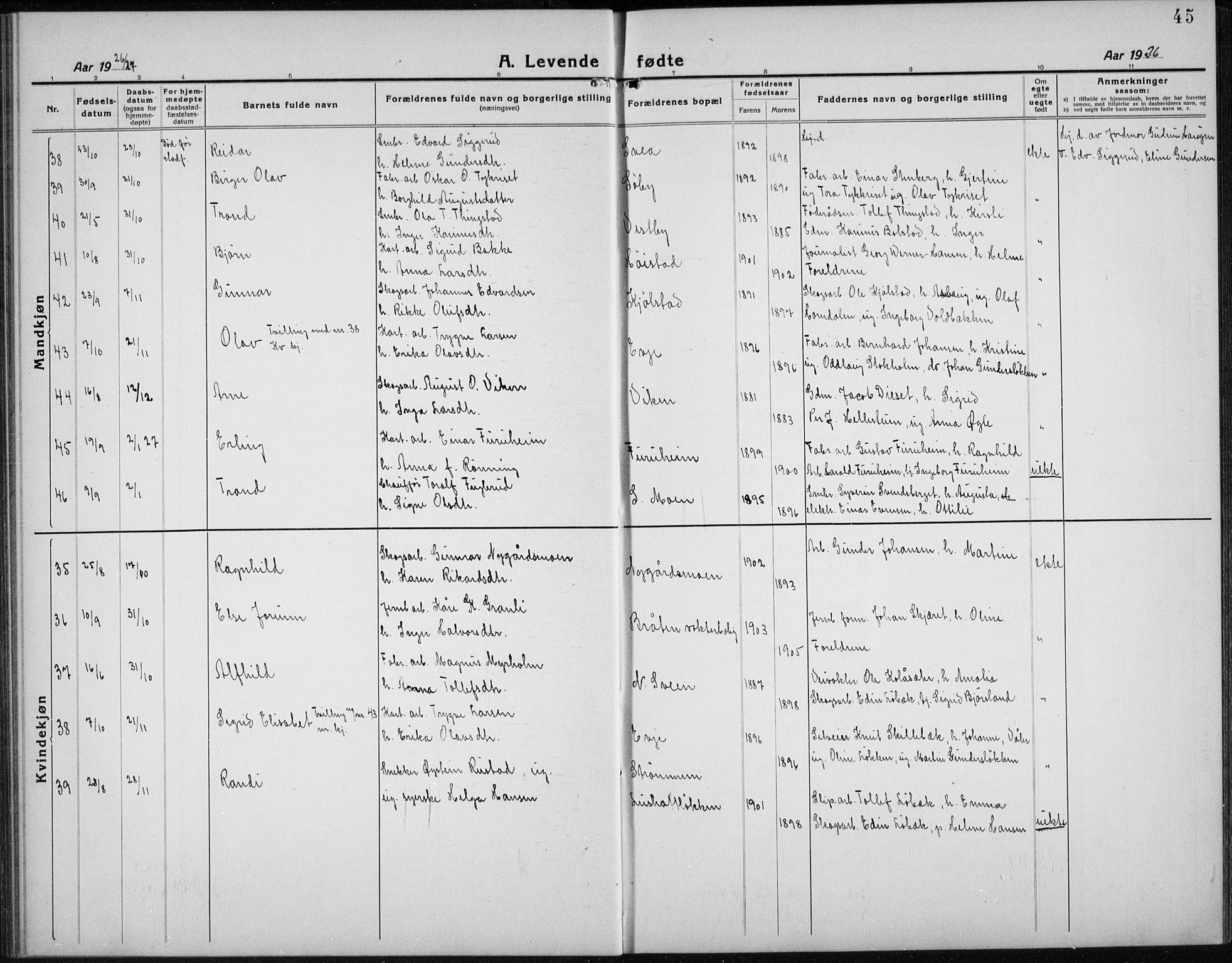 Åmot prestekontor, Hedmark, SAH/PREST-056/H/Ha/Hab/L0005: Klokkerbok nr. 5, 1921-1934, s. 45