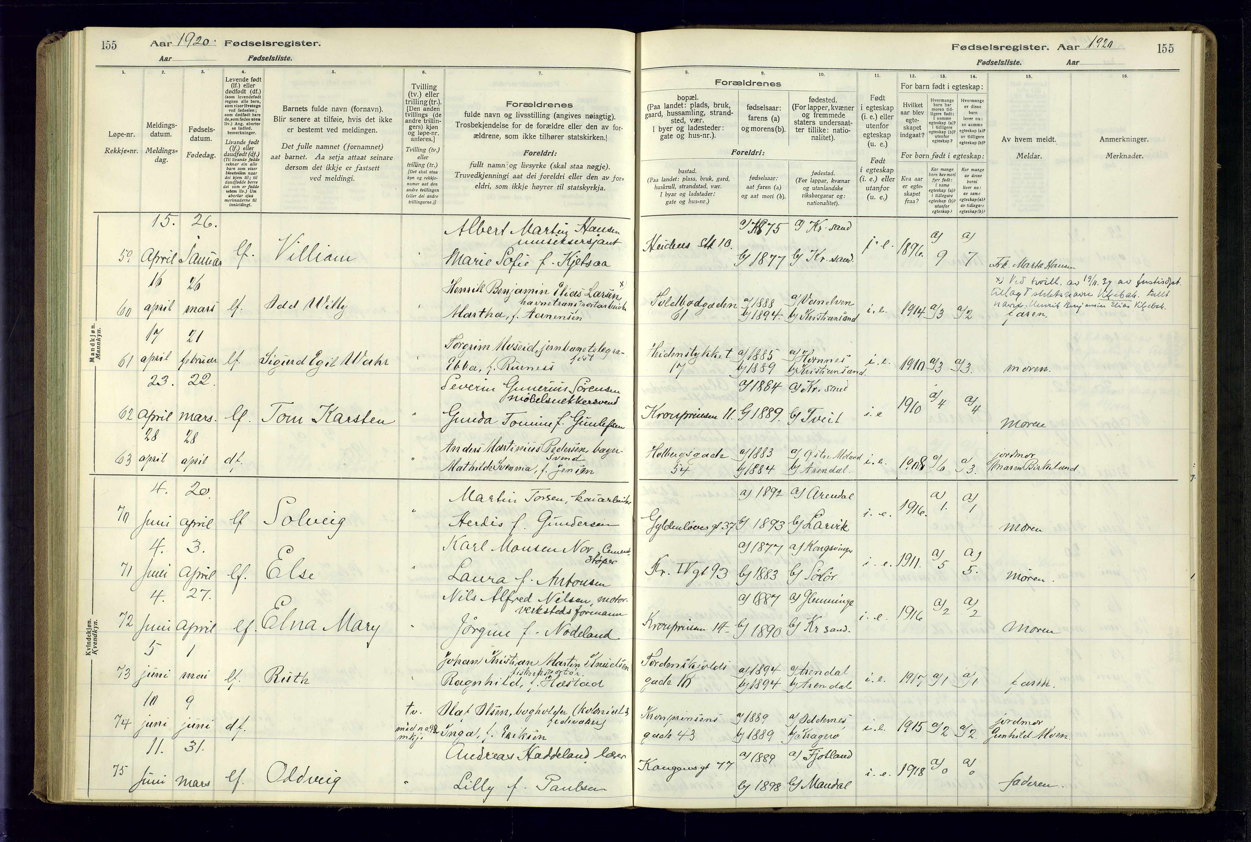 Kristiansand domprosti, AV/SAK-1112-0006/J/Jc/L0001: Fødselsregister nr. A-VI-45, 1916-1921, s. 155