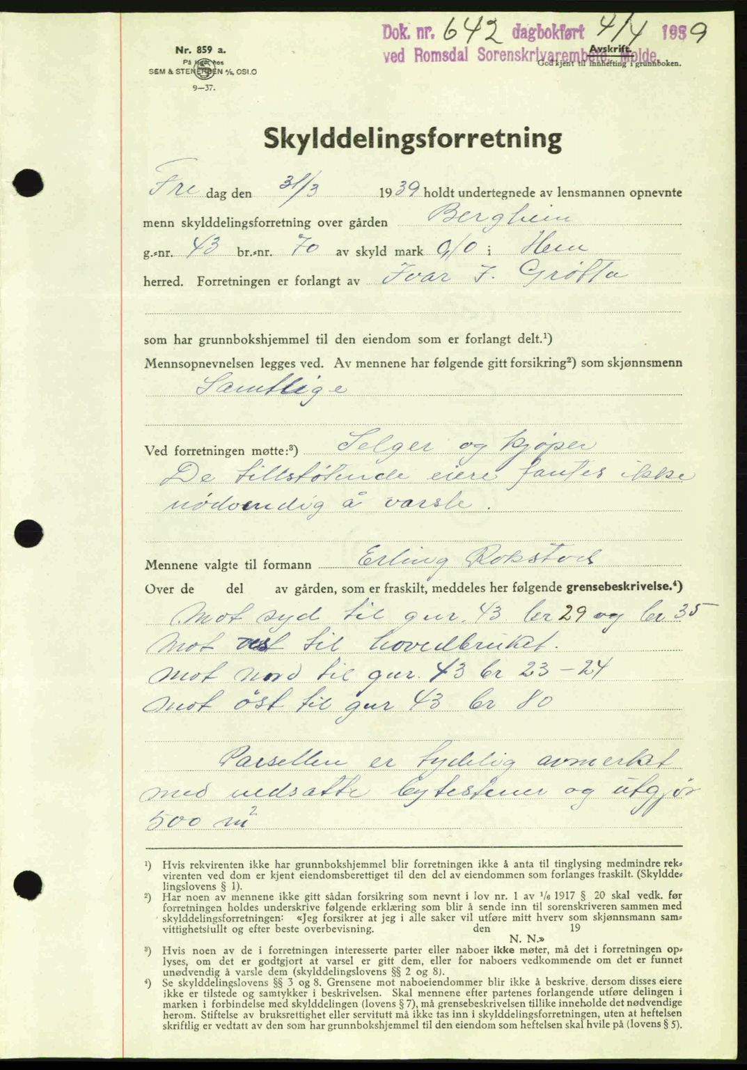 Romsdal sorenskriveri, AV/SAT-A-4149/1/2/2C: Pantebok nr. A6, 1938-1939, Dagboknr: 642/1939