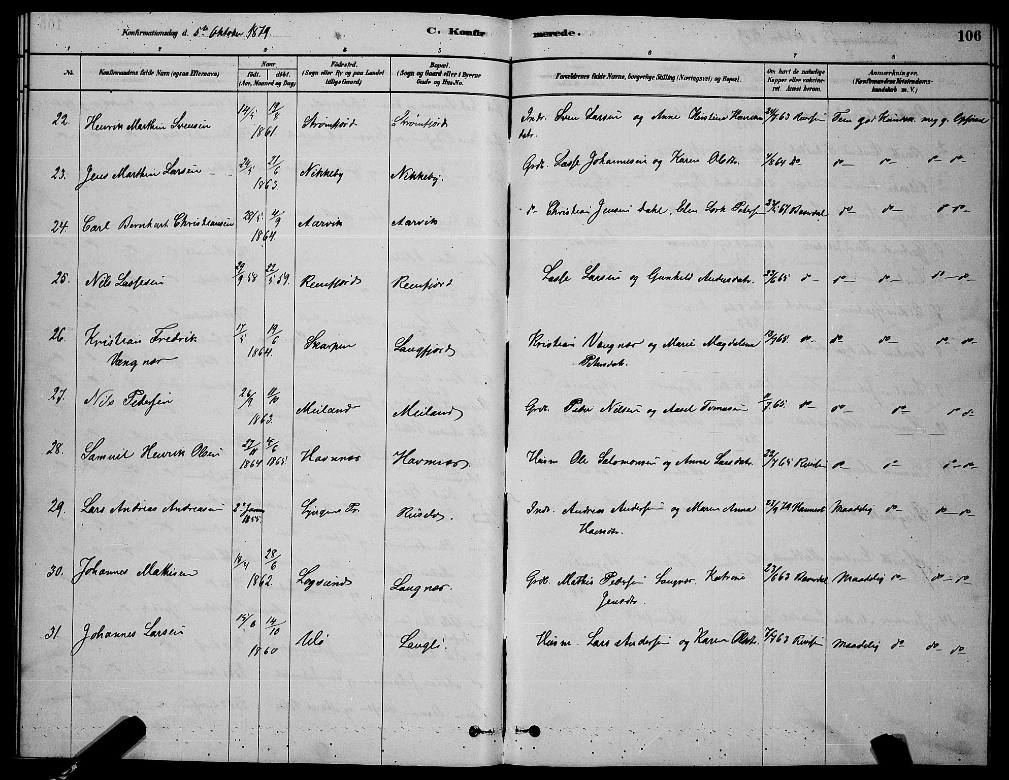 Skjervøy sokneprestkontor, AV/SATØ-S-1300/H/Ha/Hab/L0006klokker: Klokkerbok nr. 6, 1878-1888, s. 106