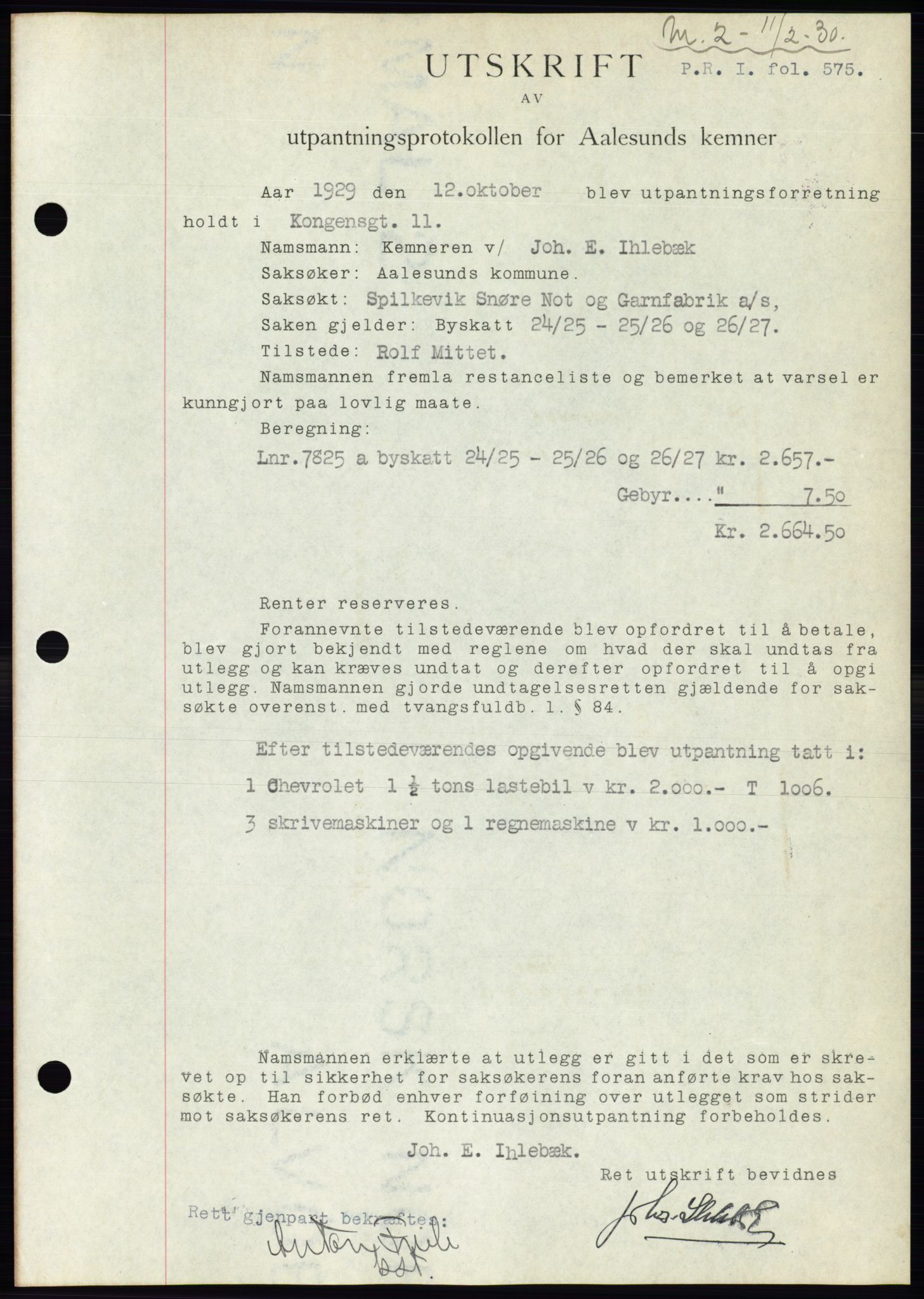 Ålesund byfogd, AV/SAT-A-4384: Pantebok nr. 26, 1930-1930, Tingl.dato: 11.02.1930