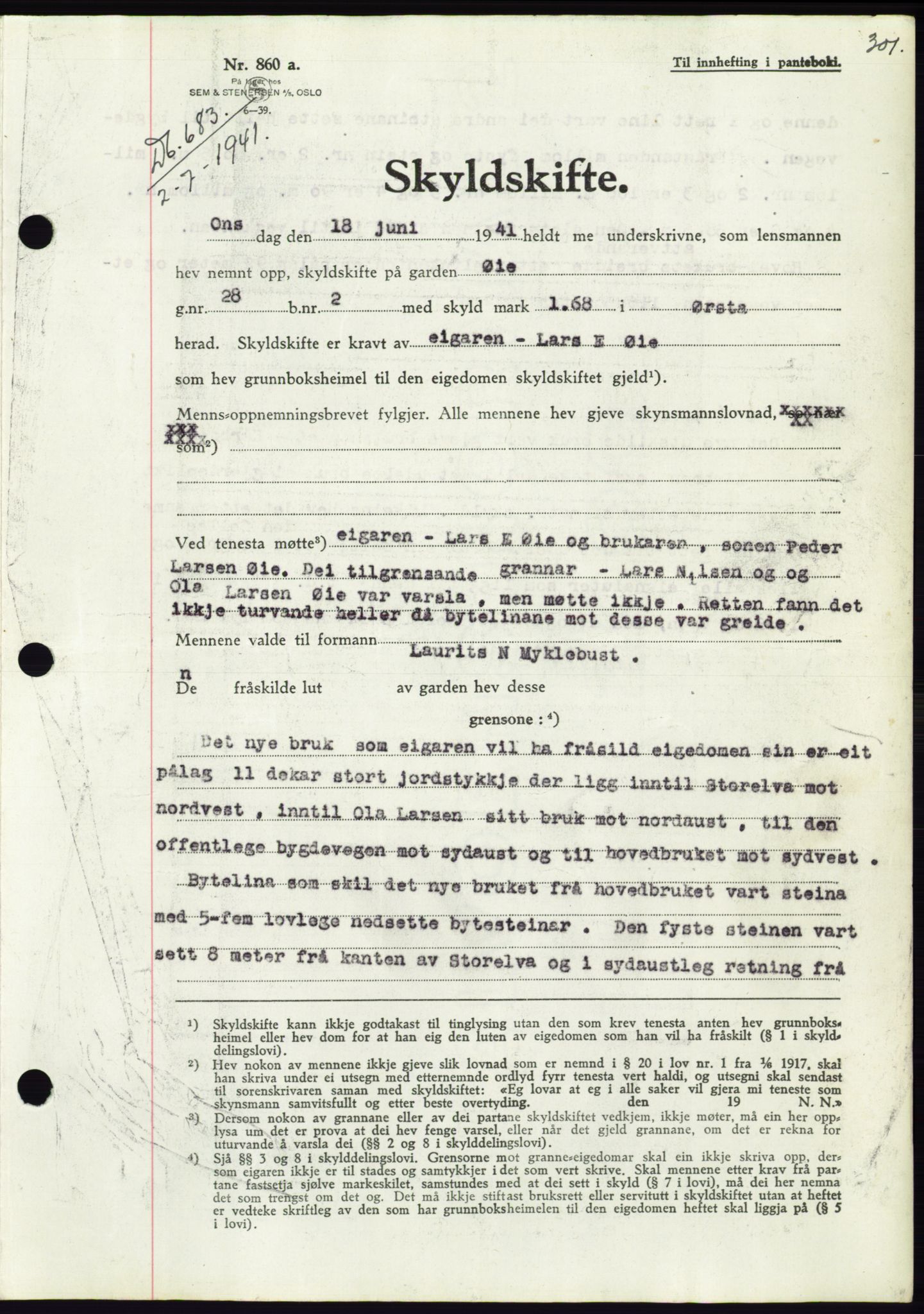 Søre Sunnmøre sorenskriveri, AV/SAT-A-4122/1/2/2C/L0071: Pantebok nr. 65, 1941-1941, Dagboknr: 683/1941