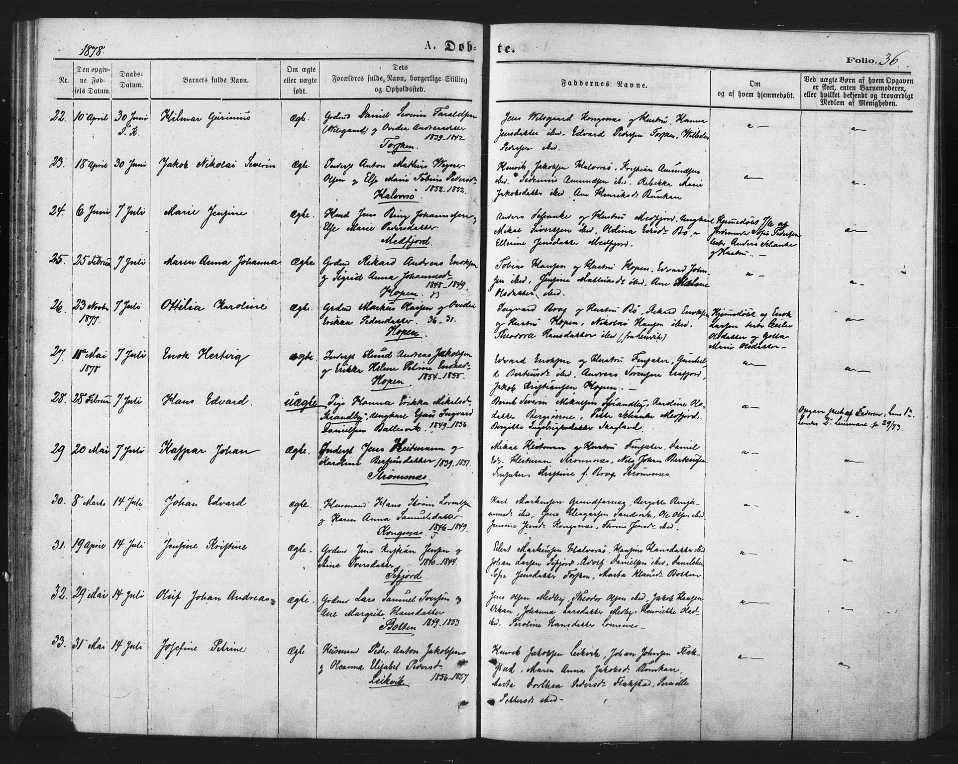 Berg sokneprestkontor, AV/SATØ-S-1318/G/Ga/Gaa/L0003kirke: Ministerialbok nr. 3, 1872-1879, s. 36