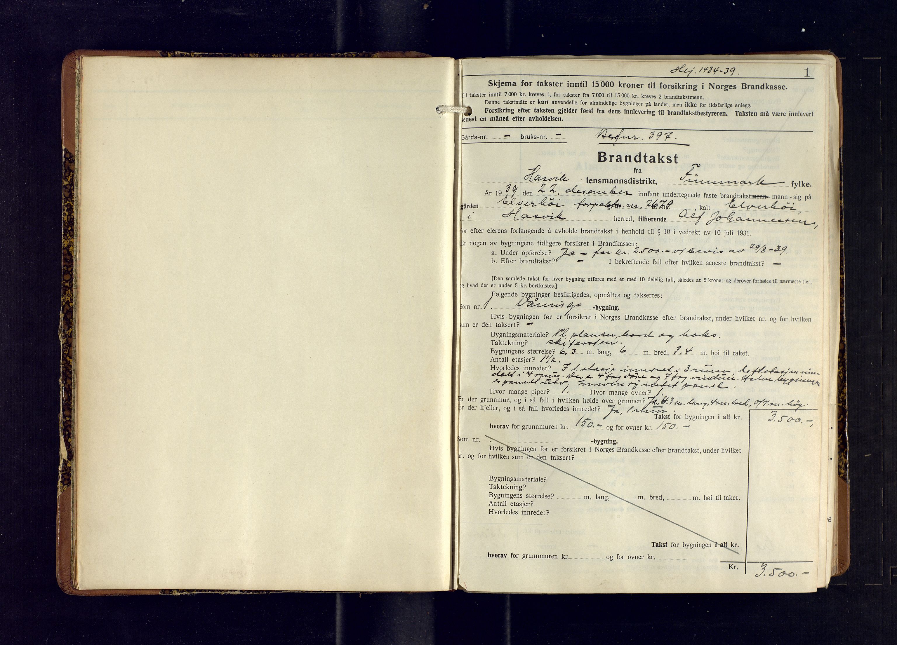 Hasvik lensmannskontor, SATØ/SATO-164/Fob/L0010: Branntakstprotokoll, 1939-1952, s. 1