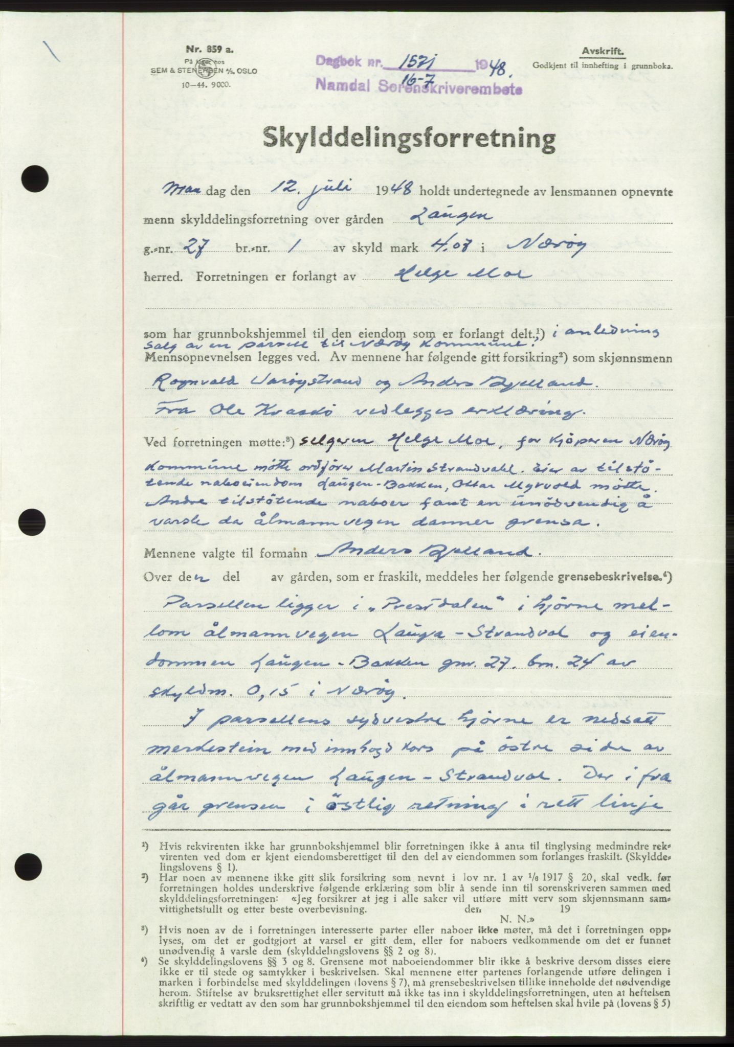 Namdal sorenskriveri, SAT/A-4133/1/2/2C: Pantebok nr. -, 1948-1948, Dagboknr: 1571/1948