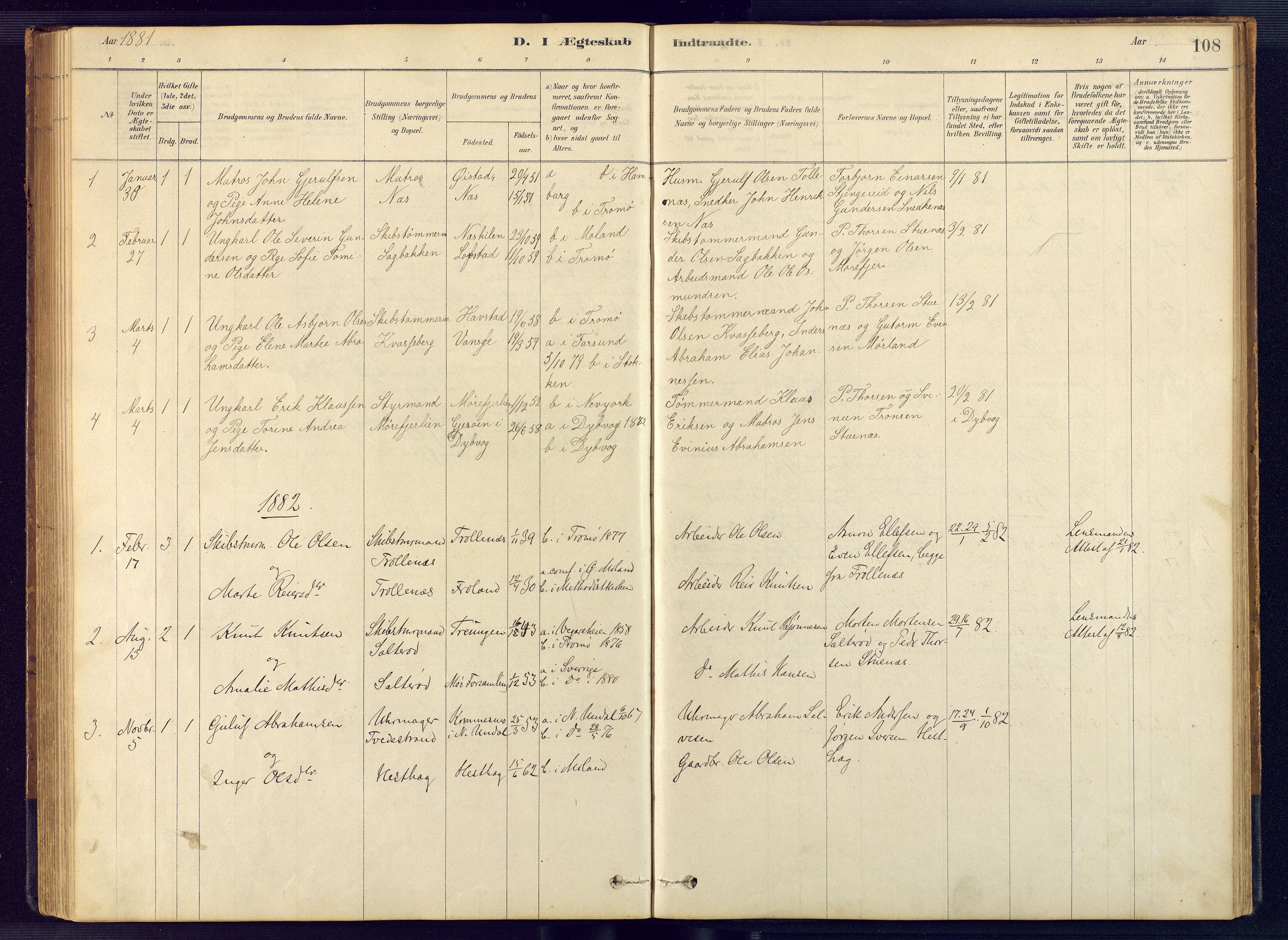 Austre Moland sokneprestkontor, SAK/1111-0001/F/Fb/Fbb/L0001: Klokkerbok nr. B 1, 1878-1904, s. 108