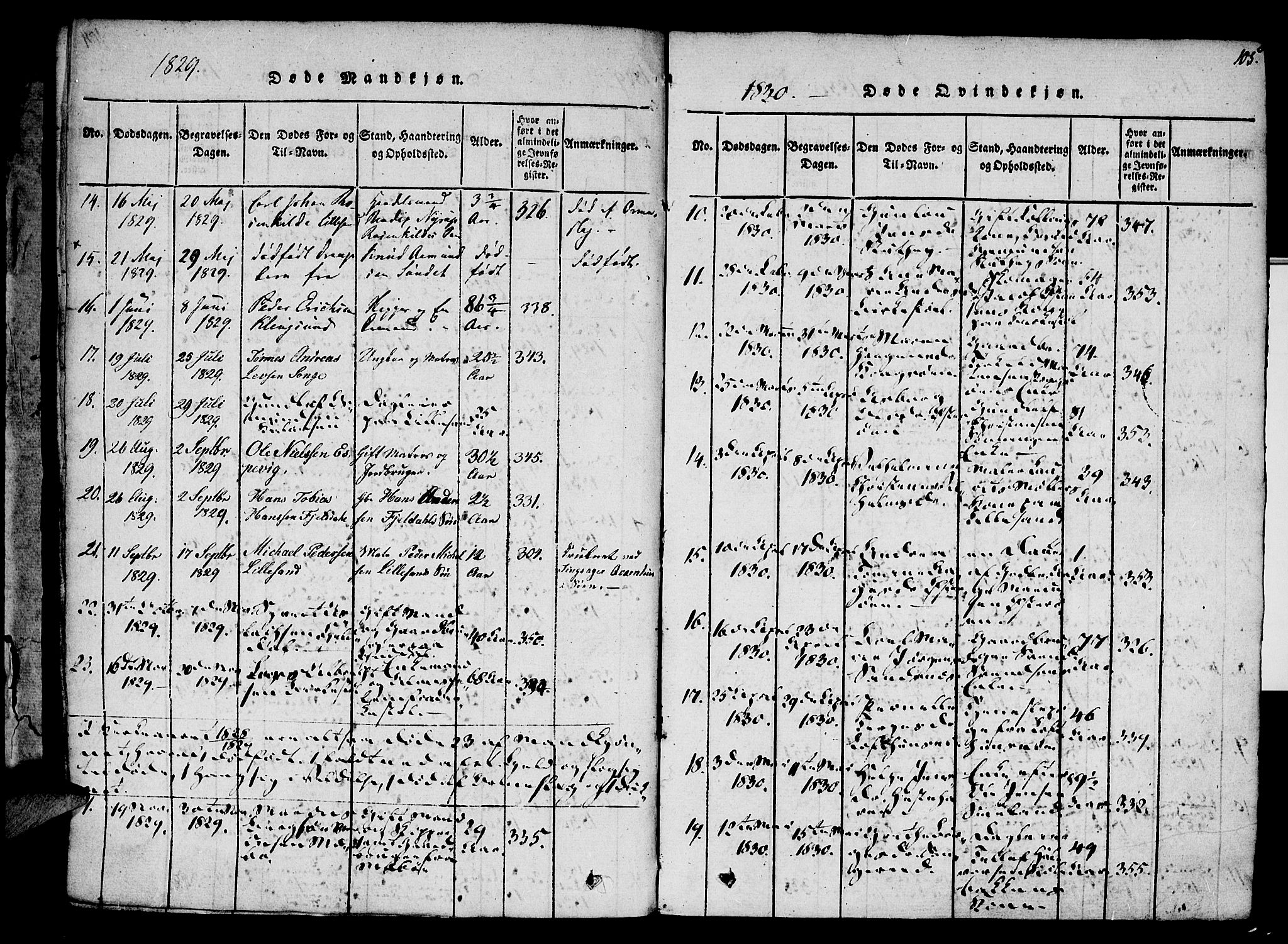Vestre Moland sokneprestkontor, SAK/1111-0046/F/Fa/Fab/L0003: Ministerialbok nr. A 3, 1816-1843, s. 105