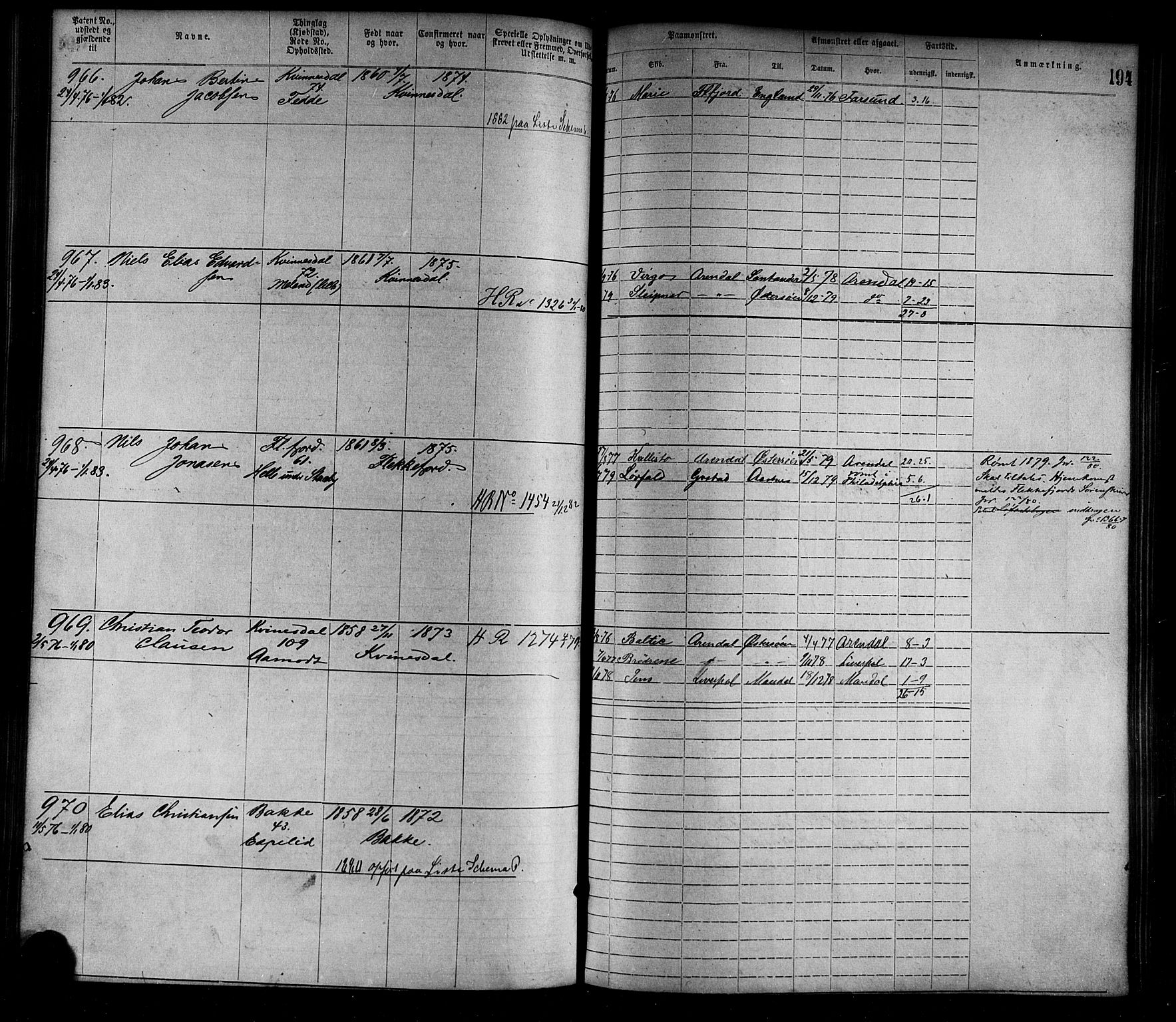 Flekkefjord mønstringskrets, AV/SAK-2031-0018/F/Fa/L0002: Annotasjonsrulle nr 1-1920 med register, N-2, 1870-1891, s. 219