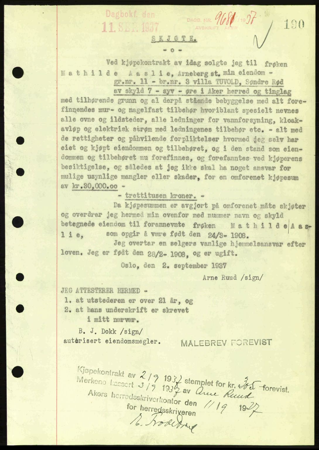 Aker herredsskriveri, SAO/A-10896/G/Gb/Gba/Gbab/L0017: Pantebok nr. A148, 1937-1937, Dagboknr: 9681/1937