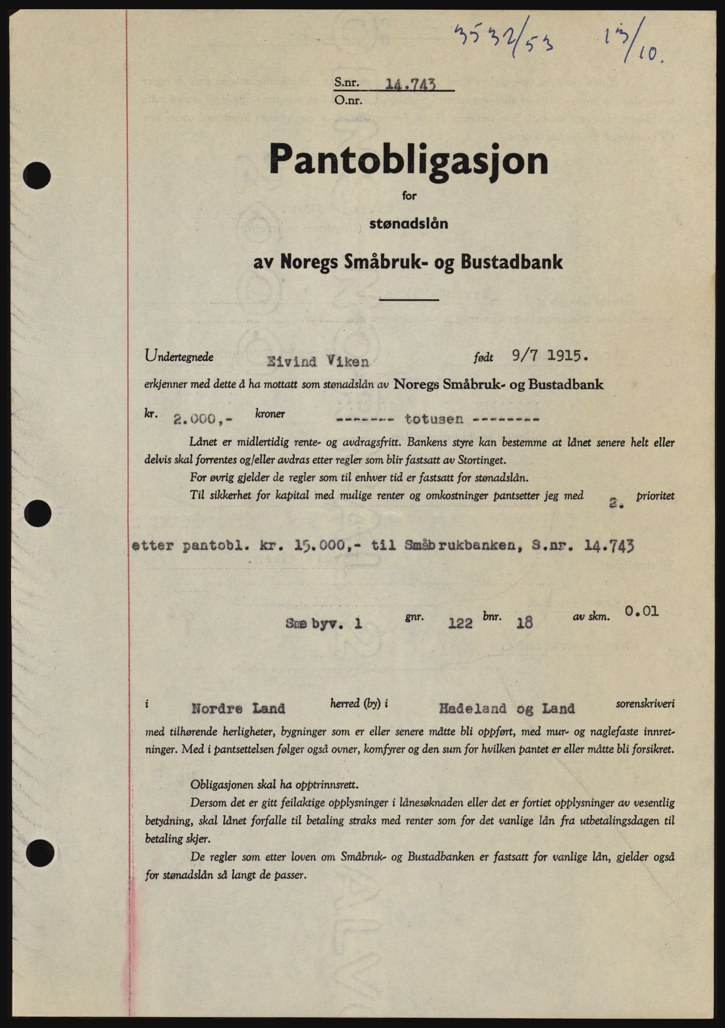 Hadeland og Land tingrett, SAH/TING-010/H/Hb/Hbc/L0028: Pantebok nr. B28, 1953-1954, Dagboknr: 3532/1953
