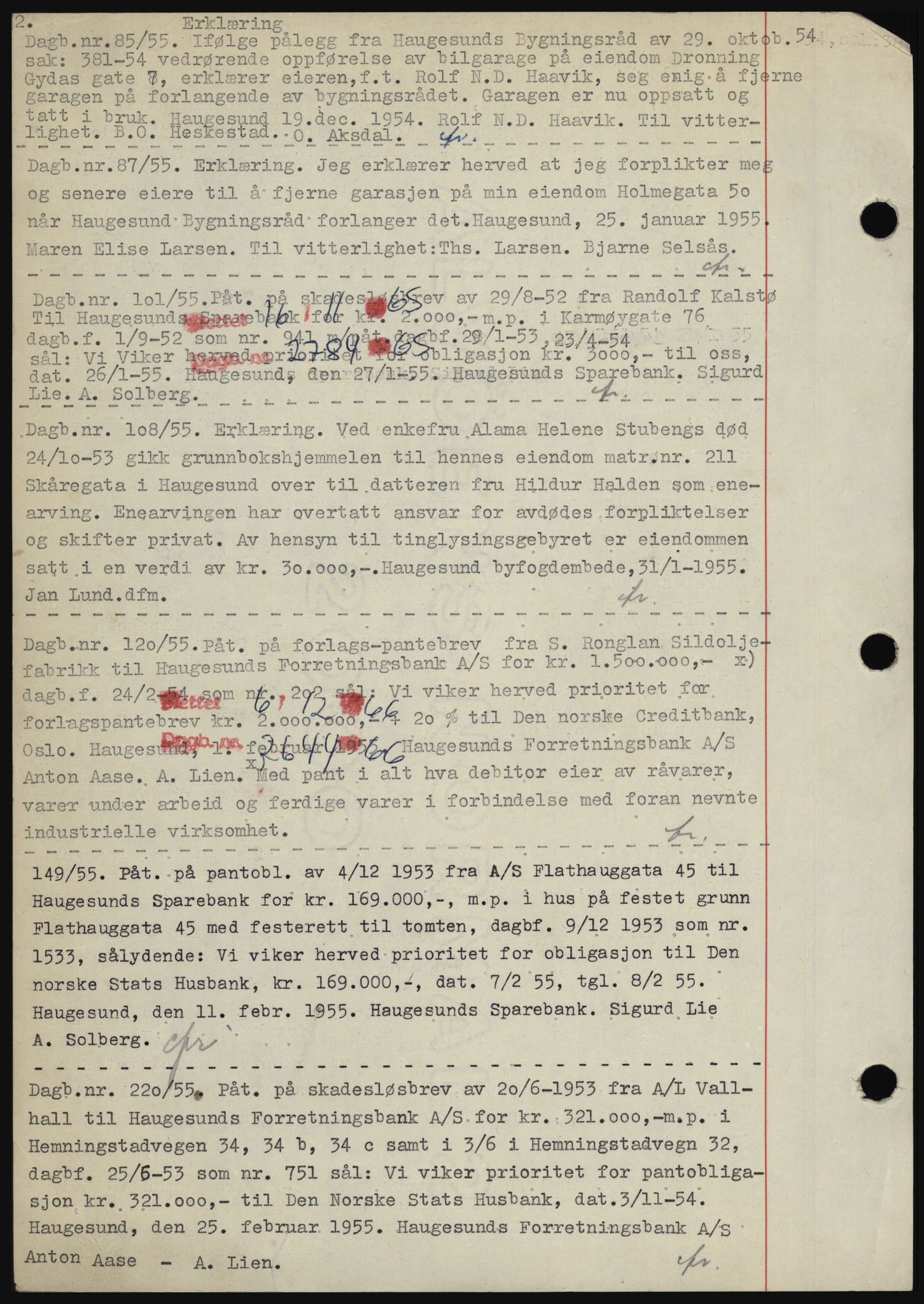 Haugesund tingrett, SAST/A-101415/01/II/IIC/L0041: Pantebok nr. B 41, 1954-1956, Dagboknr: 85/1955