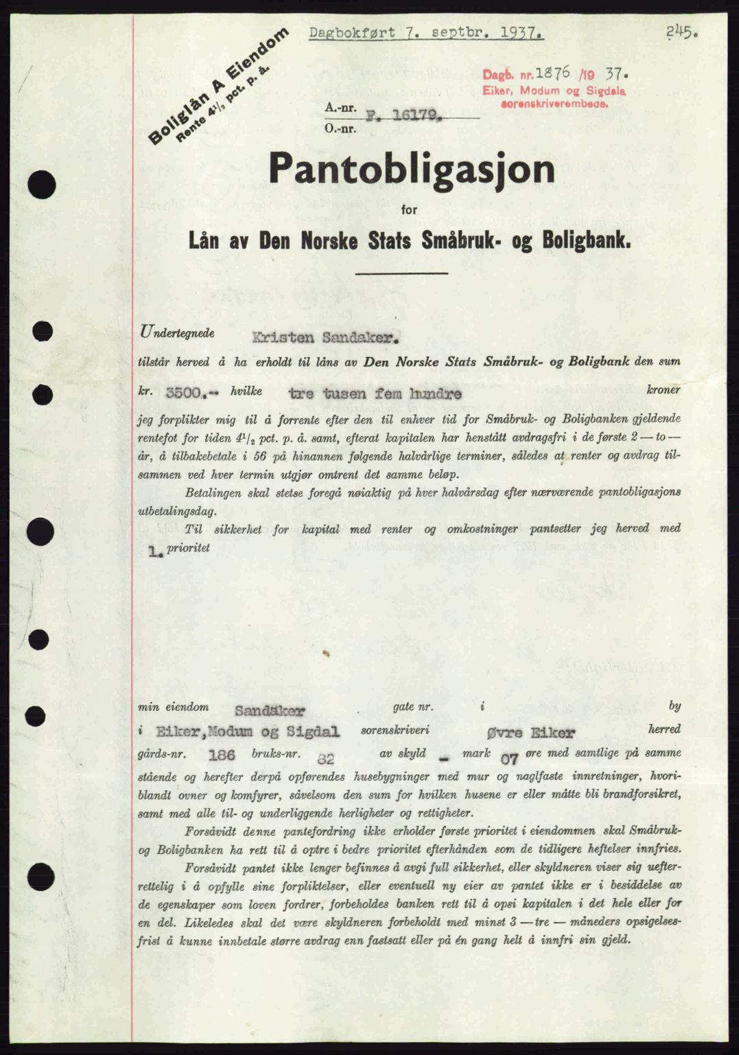 Eiker, Modum og Sigdal sorenskriveri, SAKO/A-123/G/Ga/Gab/L0036: Pantebok nr. A6, 1937-1937, Dagboknr: 1876/1937