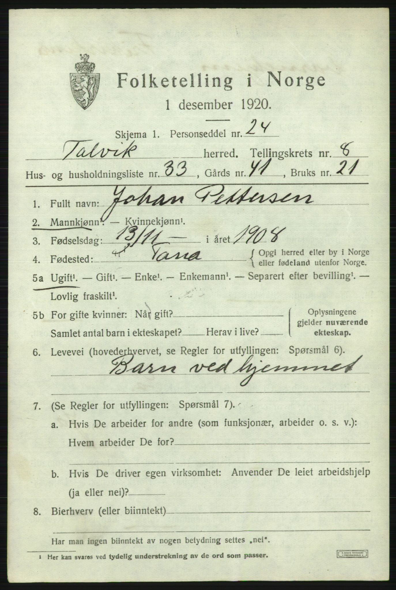 SATØ, Folketelling 1920 for 2013 Talvik herred, 1920, s. 5380