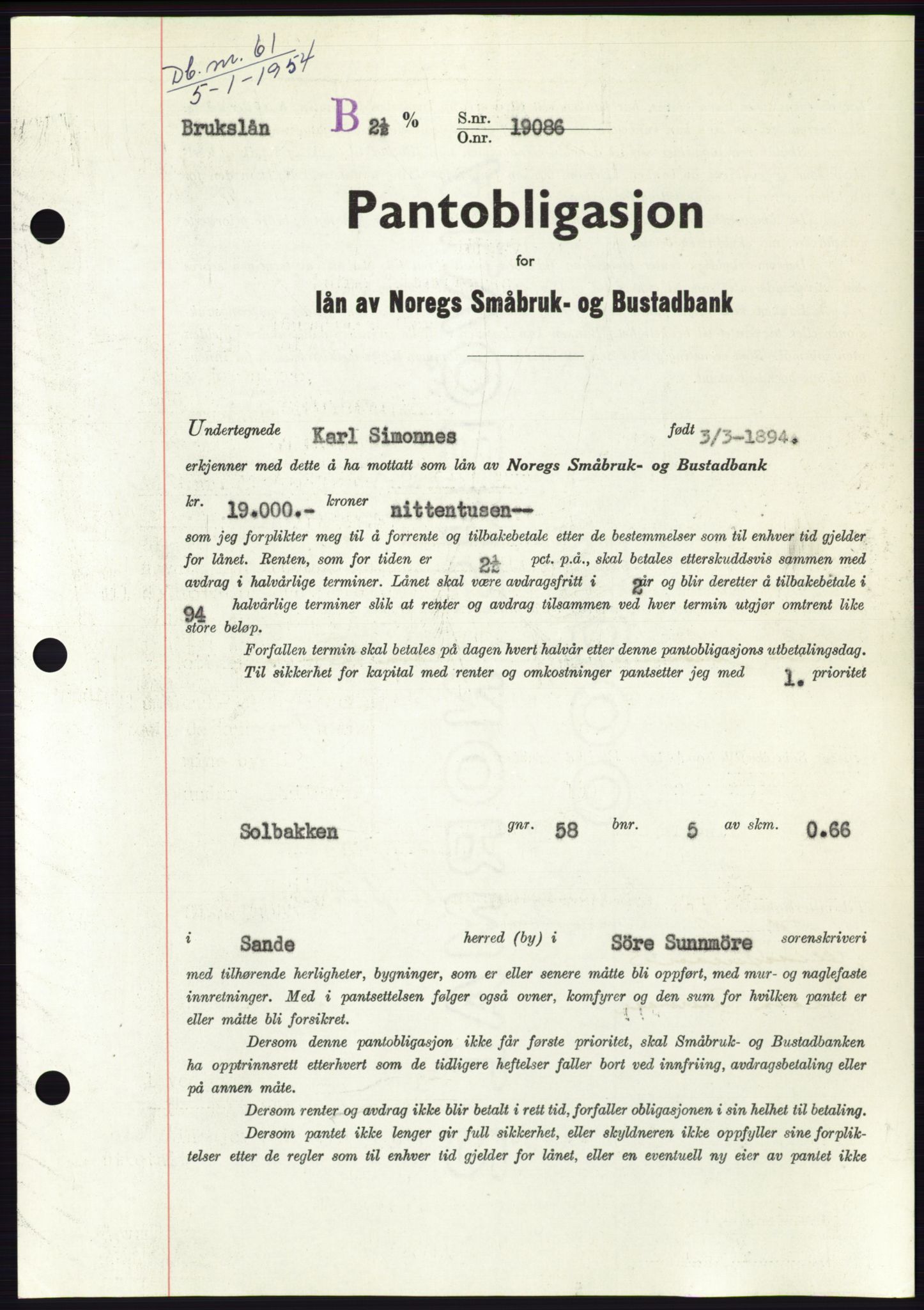 Søre Sunnmøre sorenskriveri, AV/SAT-A-4122/1/2/2C/L0124: Pantebok nr. 12B, 1953-1954, Dagboknr: 61/1954