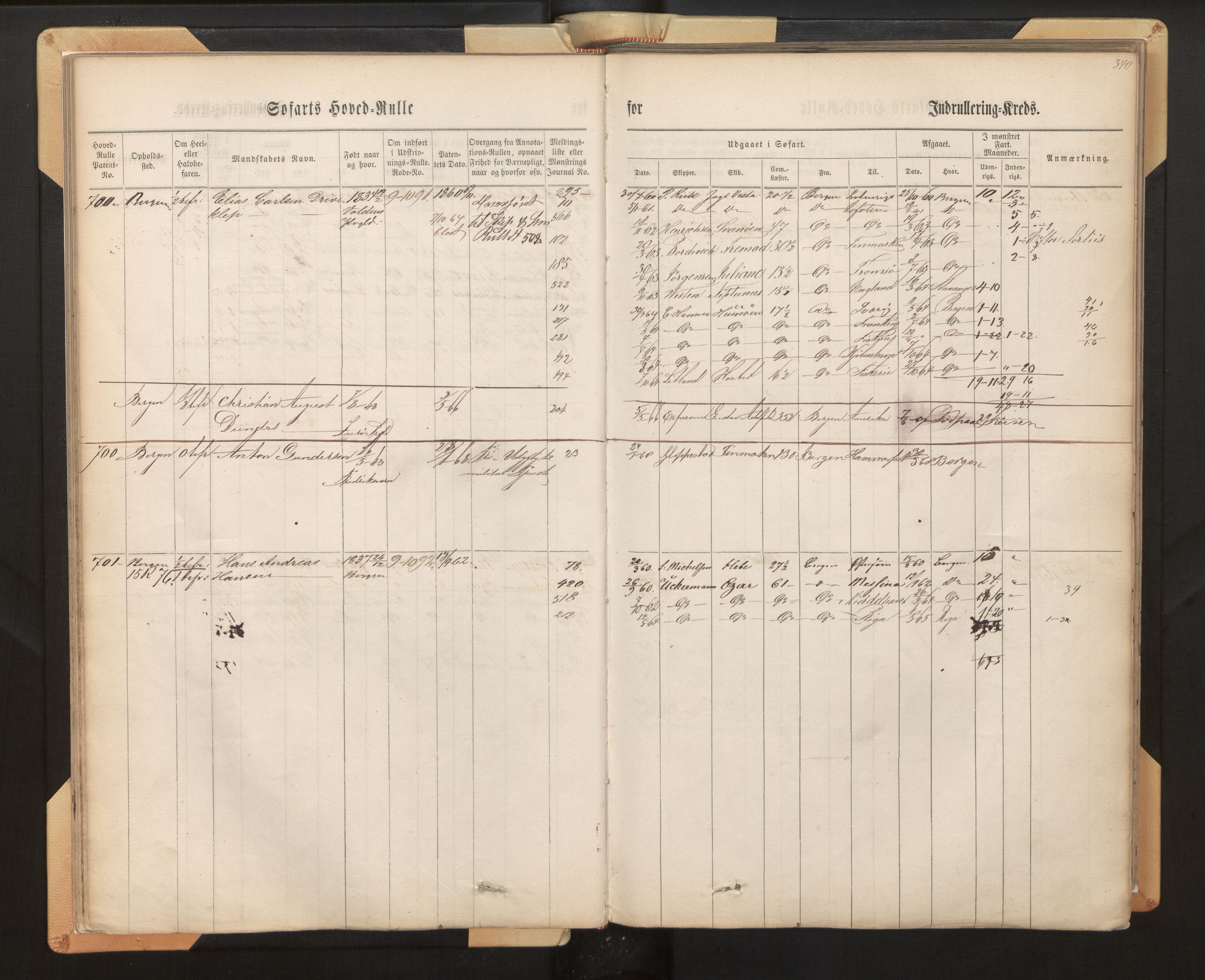 Innrulleringssjefen i Bergen, AV/SAB-A-100050/F/Fh/L0008: Sjøfarts-hovedrulle for Bergen krets, fol. 316 - 636, 1860-1865, s. 340