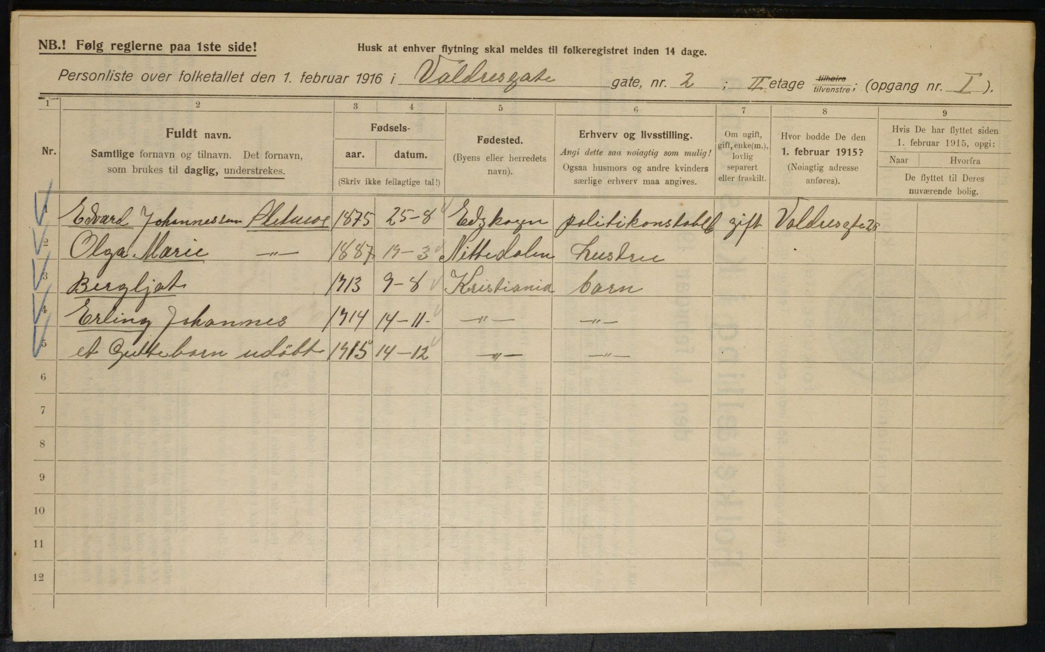 OBA, Kommunal folketelling 1.2.1916 for Kristiania, 1916, s. 125362