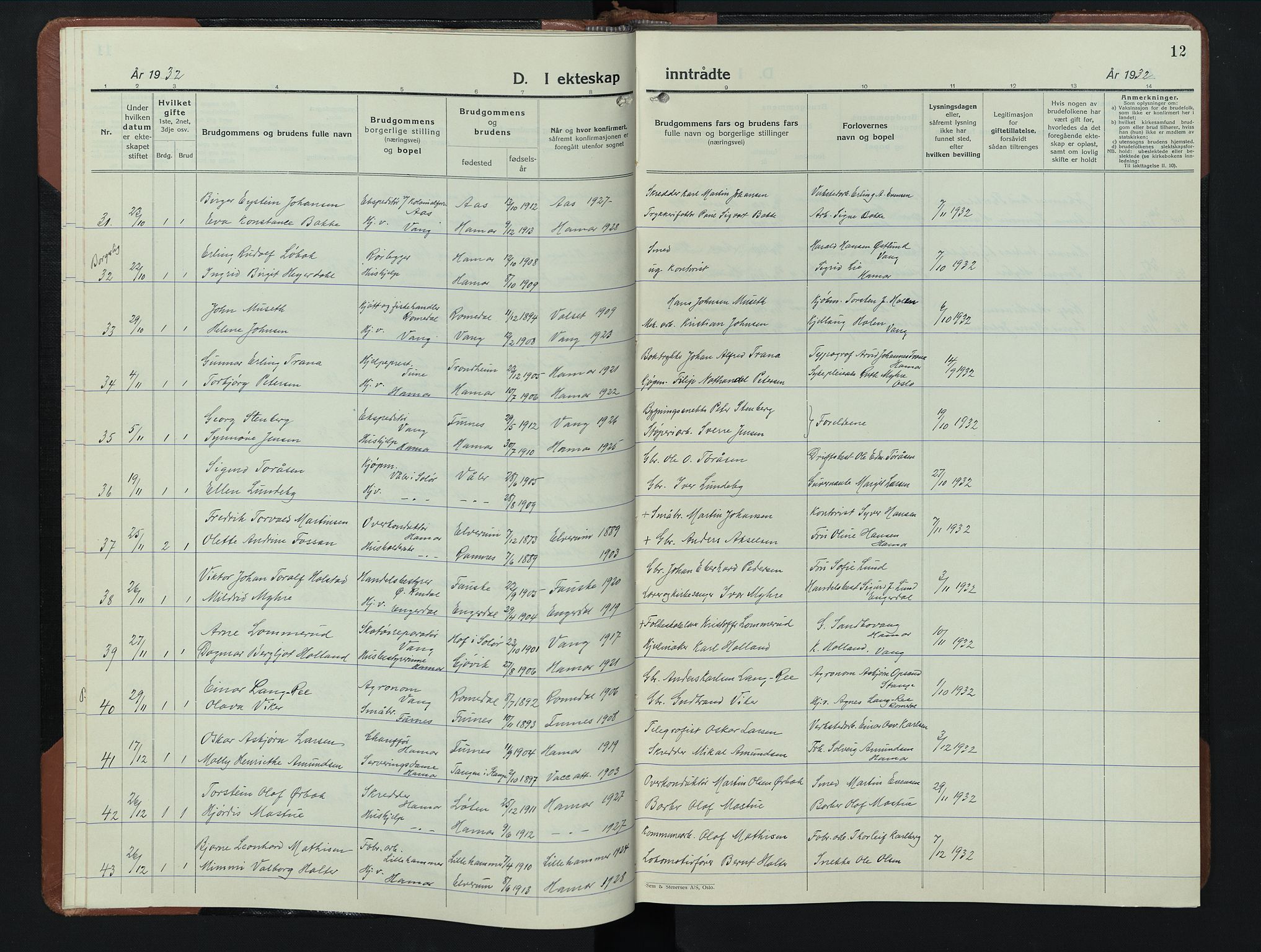 Hamar prestekontor, AV/SAH-DOMPH-002/H/Ha/Hab/L0006: Klokkerbok nr. 6, 1931-1950, s. 12