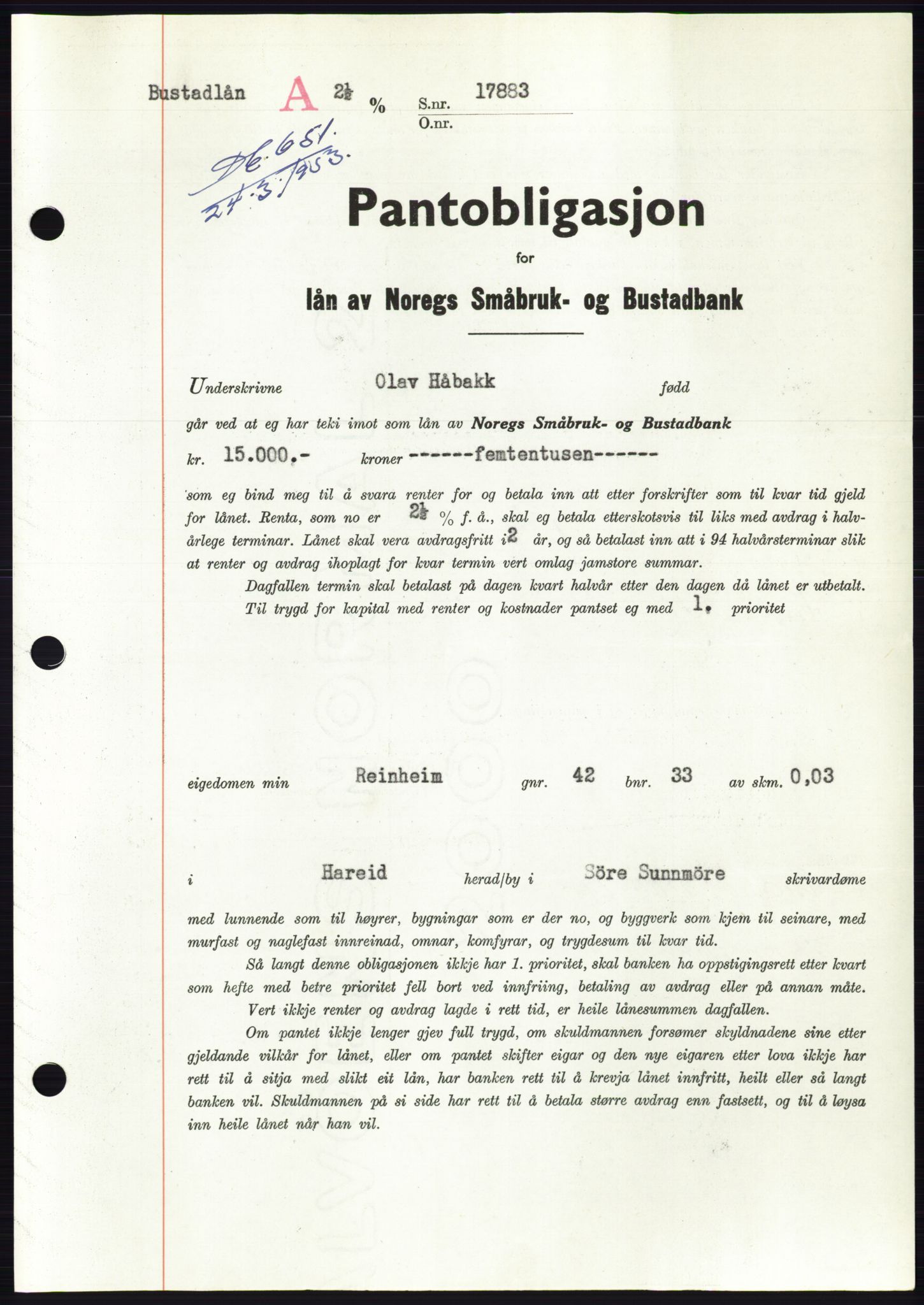 Søre Sunnmøre sorenskriveri, SAT/A-4122/1/2/2C/L0123: Pantebok nr. 11B, 1953-1953, Dagboknr: 651/1953