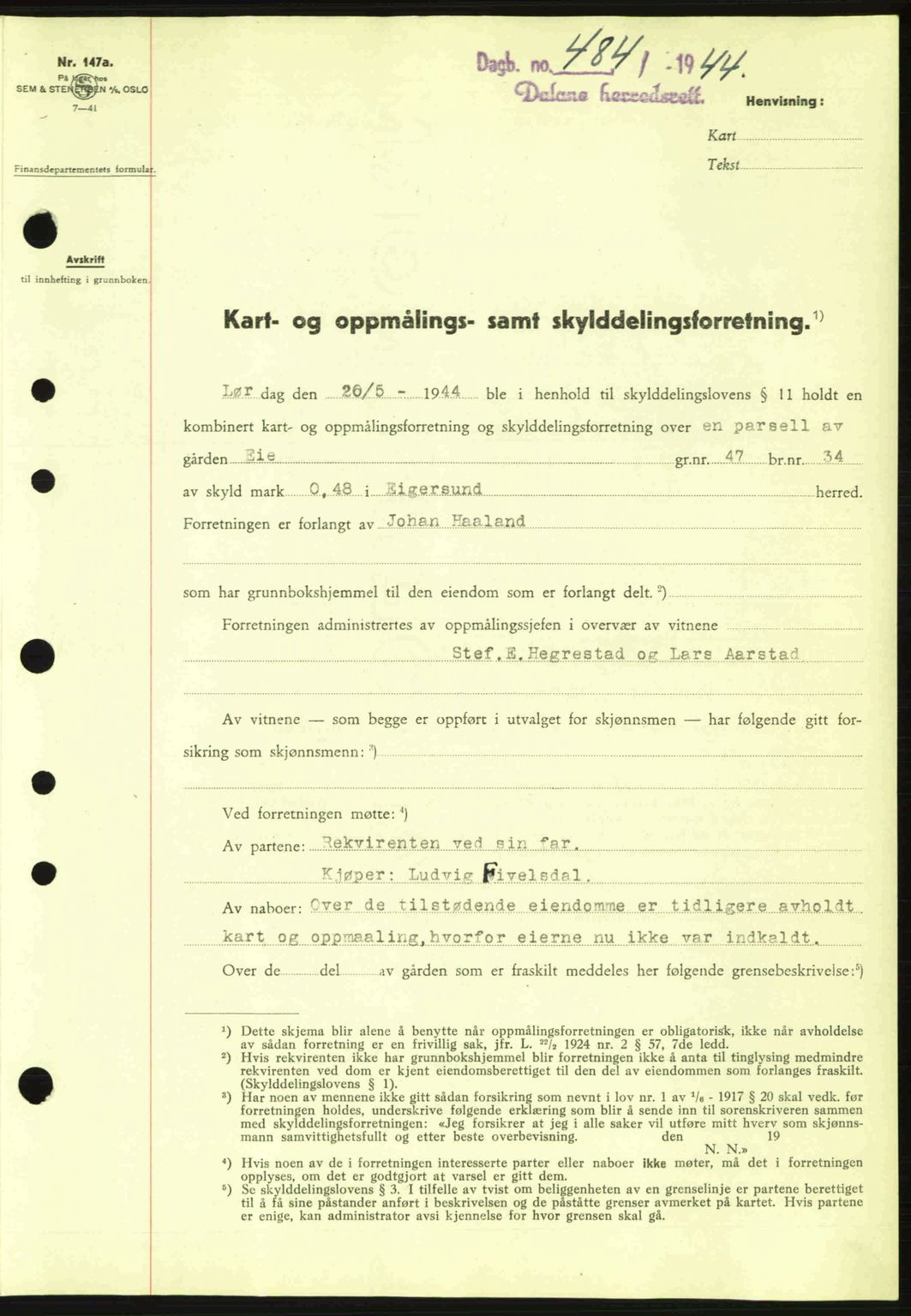 Dalane sorenskriveri, SAST/A-100309/02/G/Gb/L0047: Pantebok nr. A8 I, 1944-1945, Dagboknr: 484/1944