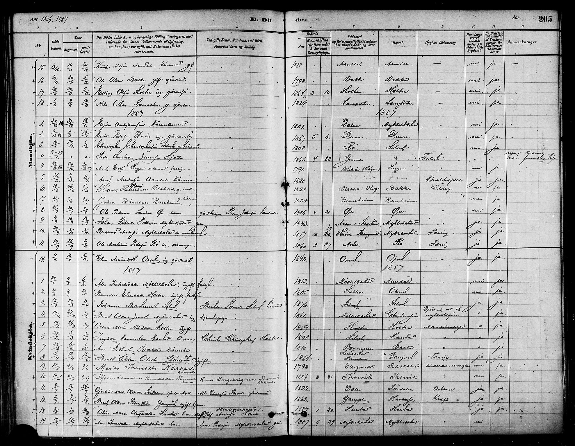 Ministerialprotokoller, klokkerbøker og fødselsregistre - Møre og Romsdal, AV/SAT-A-1454/584/L0967: Ministerialbok nr. 584A07, 1879-1894, s. 205