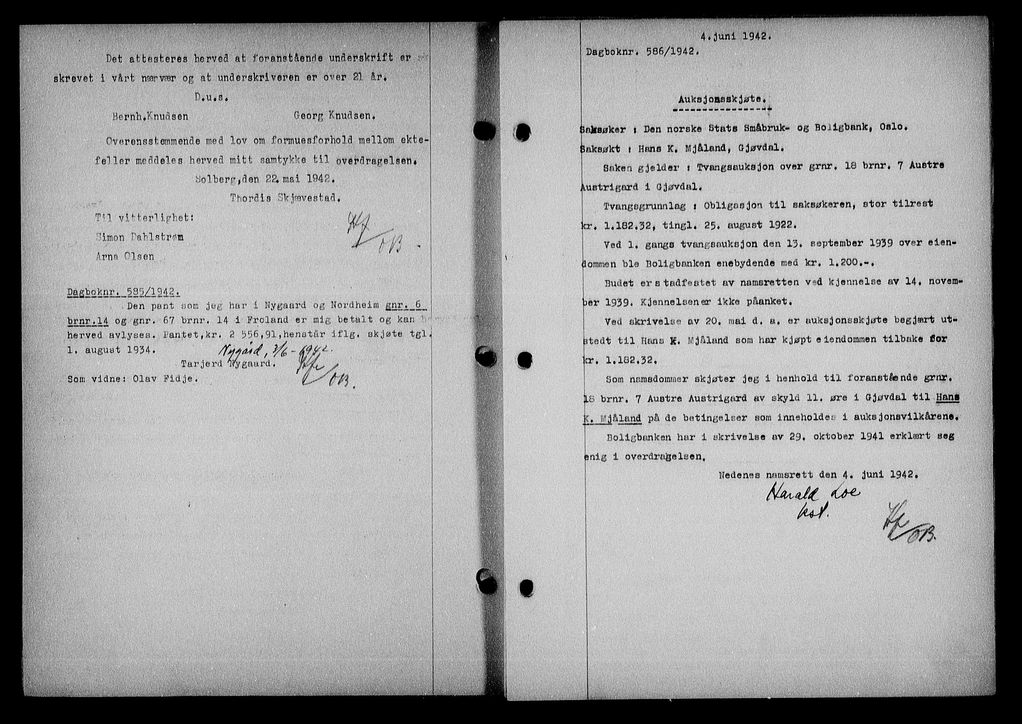 Nedenes sorenskriveri, SAK/1221-0006/G/Gb/Gba/L0049: Pantebok nr. A-III, 1941-1942, Dagboknr: 586/1942