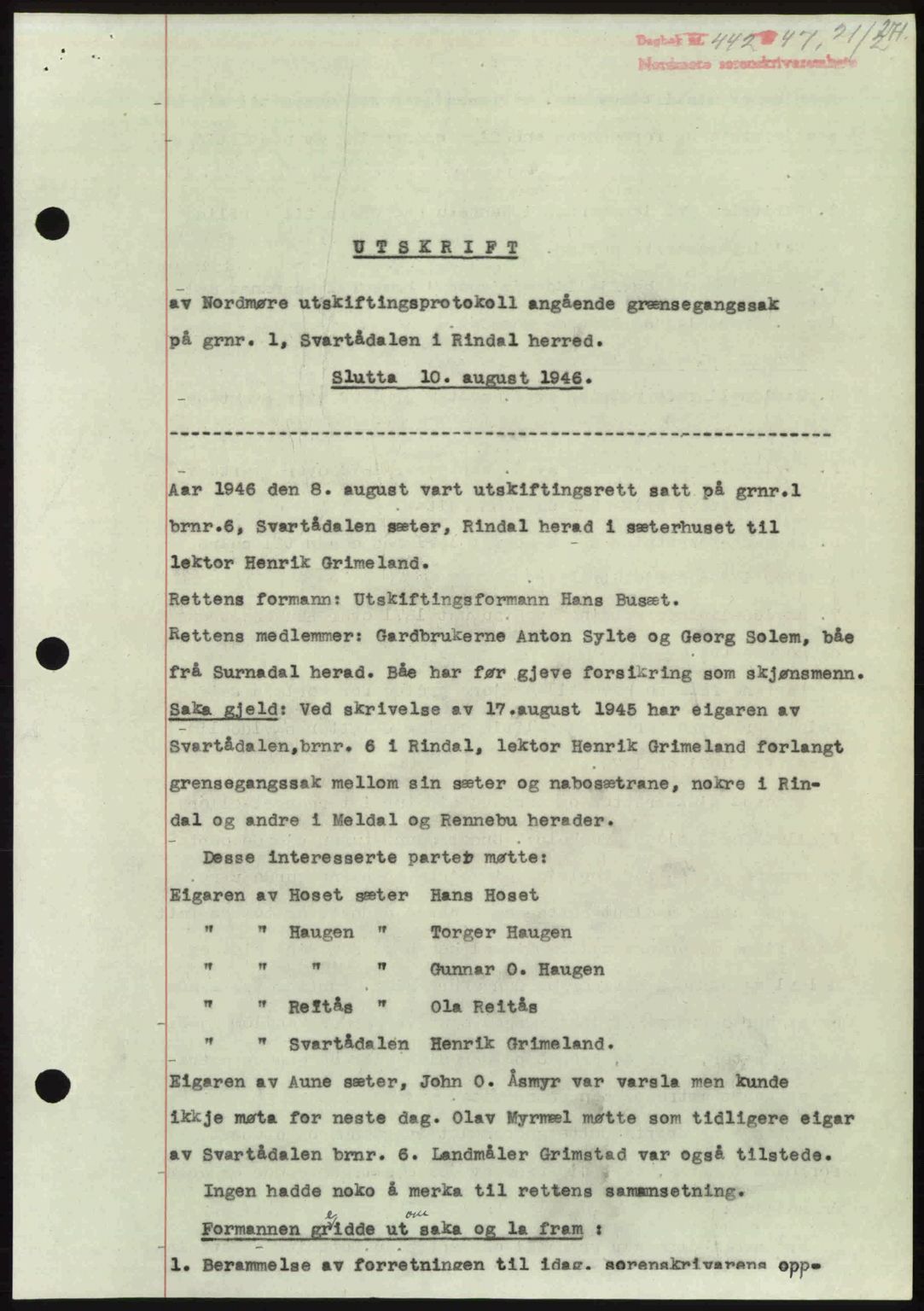 Nordmøre sorenskriveri, SAT/A-4132/1/2/2Ca: Pantebok nr. A104, 1947-1947, Dagboknr: 442/1947