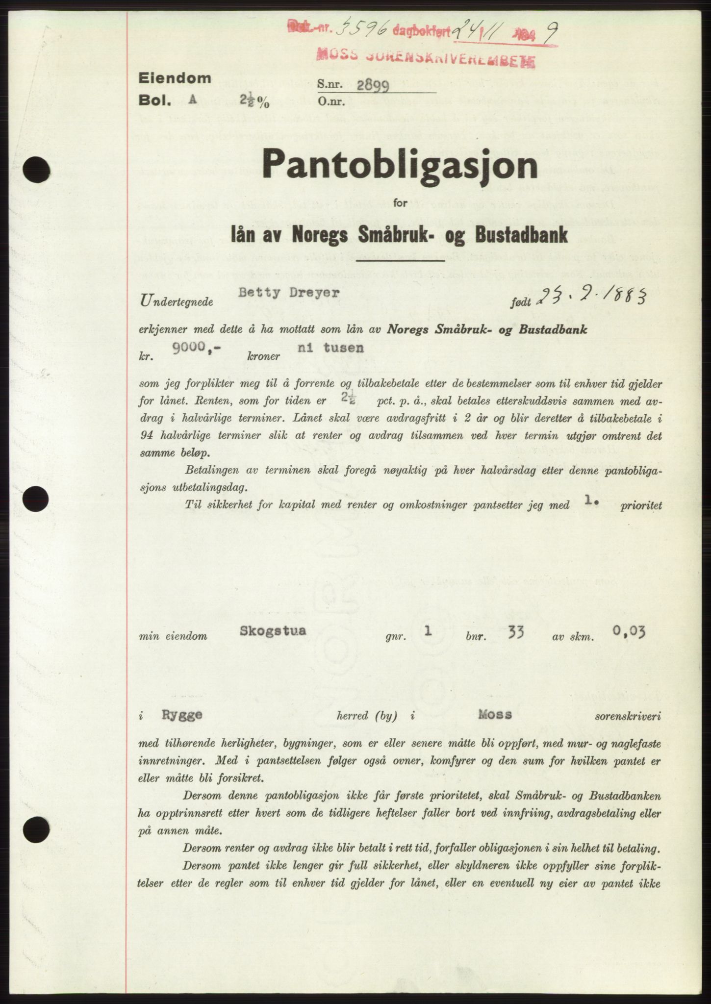 Moss sorenskriveri, SAO/A-10168: Pantebok nr. B23, 1949-1950, Dagboknr: 3596/1949