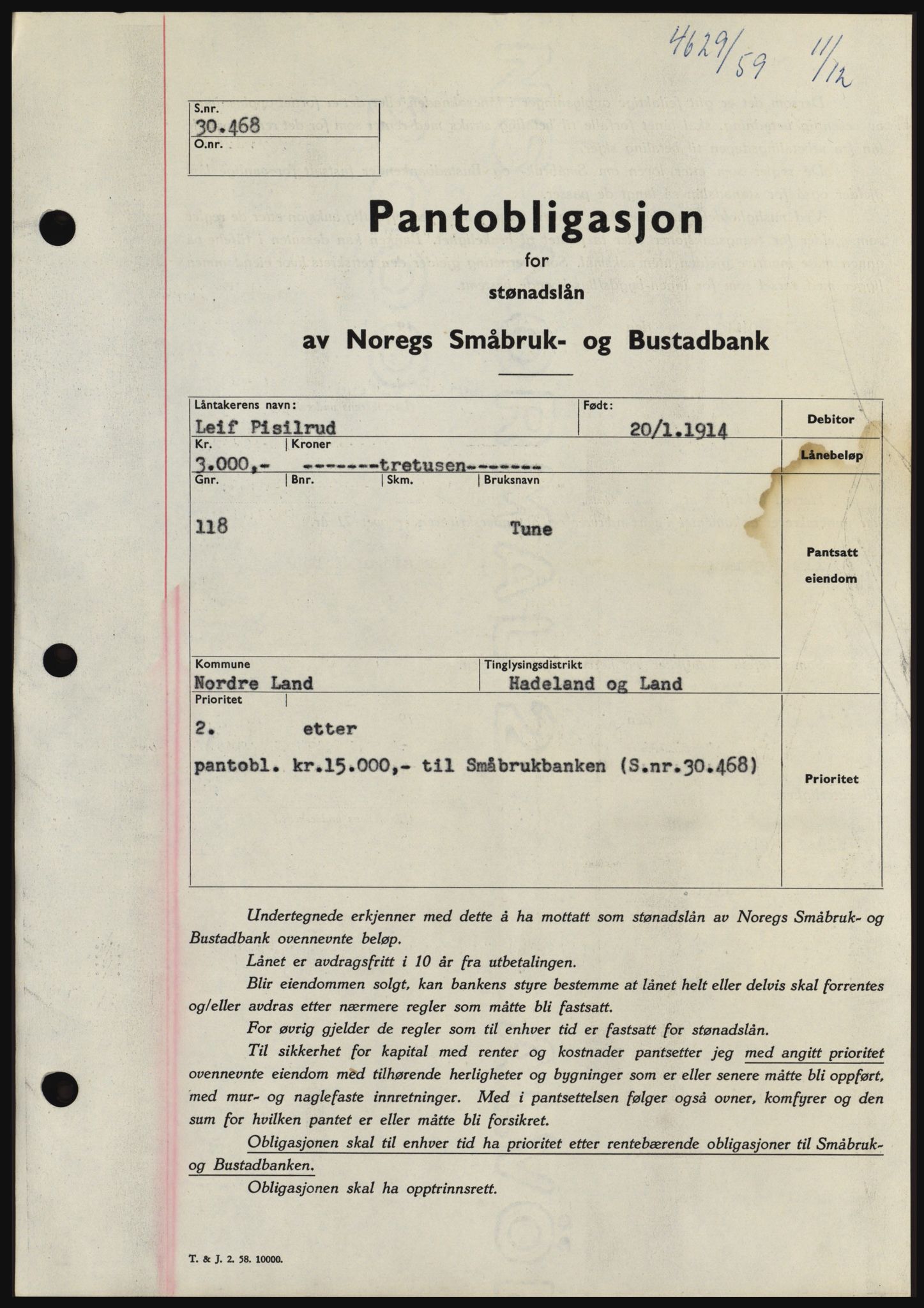 Hadeland og Land tingrett, SAH/TING-010/H/Hb/Hbc/L0042: Pantebok nr. B42, 1959-1960, Dagboknr: 4629/1959